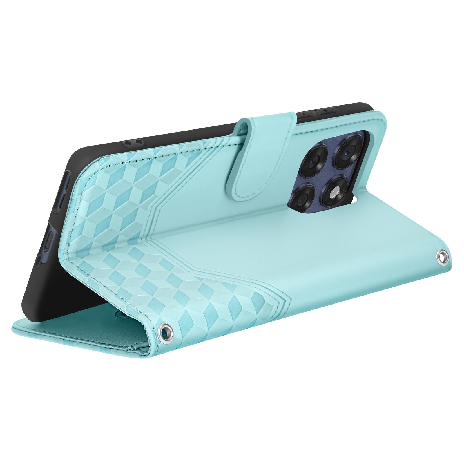 Custodia blu per telefono, aperta, che rivela un telefono nero. Parte anteriore blu strutturata e retro del telefono.