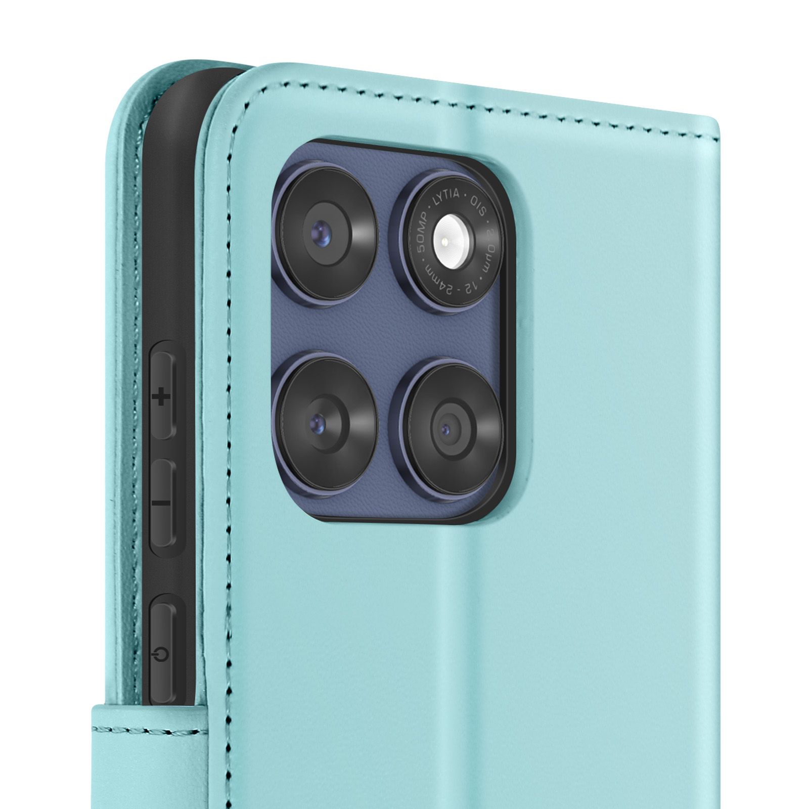Primo piano di una custodia per telefono turchese con lenti della fotocamera visibili, un modulo fotocamera 3D.