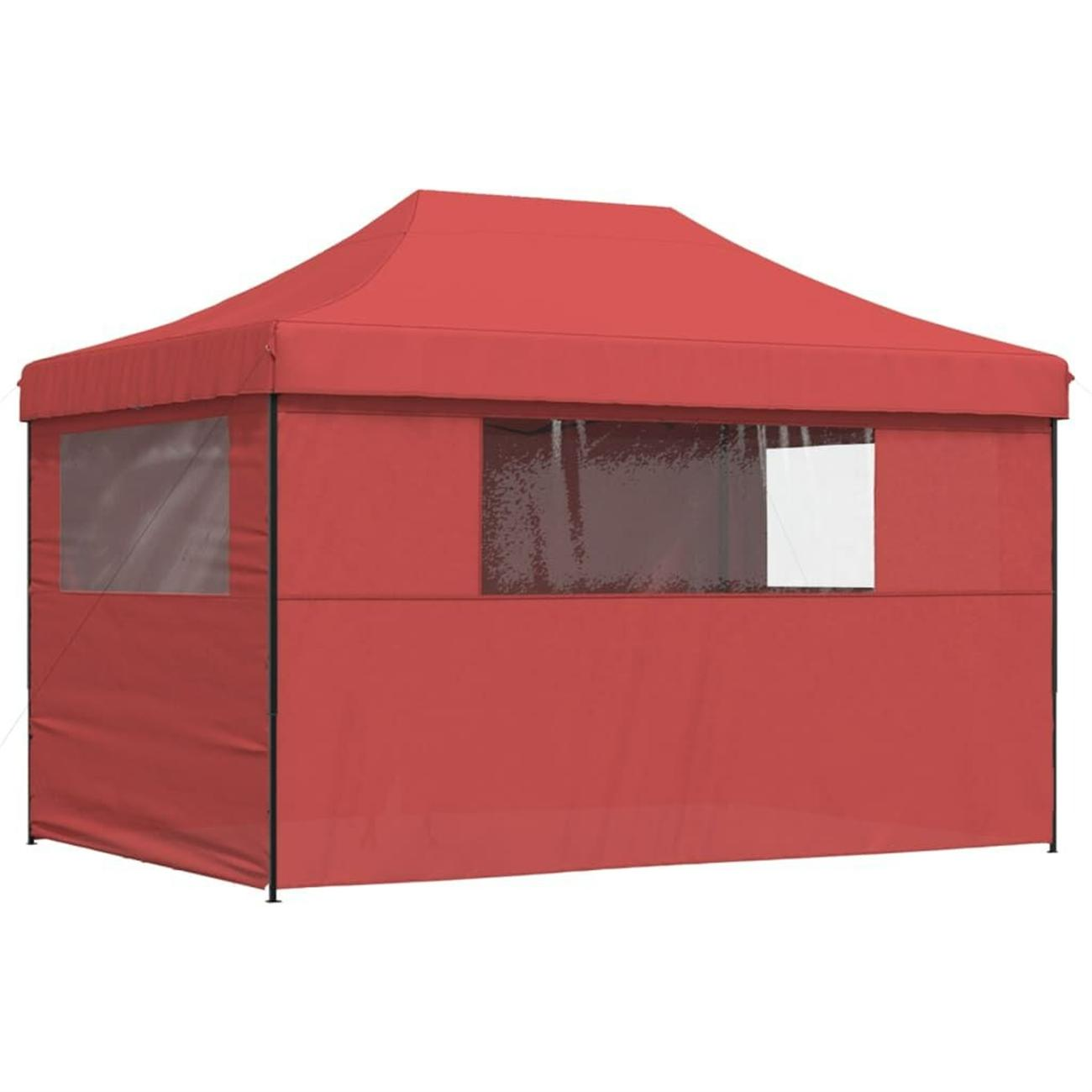Rotes Pop-up-Zelt mit Fenstern. Schwarzer Rahmen, isoliert auf weißem Grund. Das Zelt hat Fenster.
