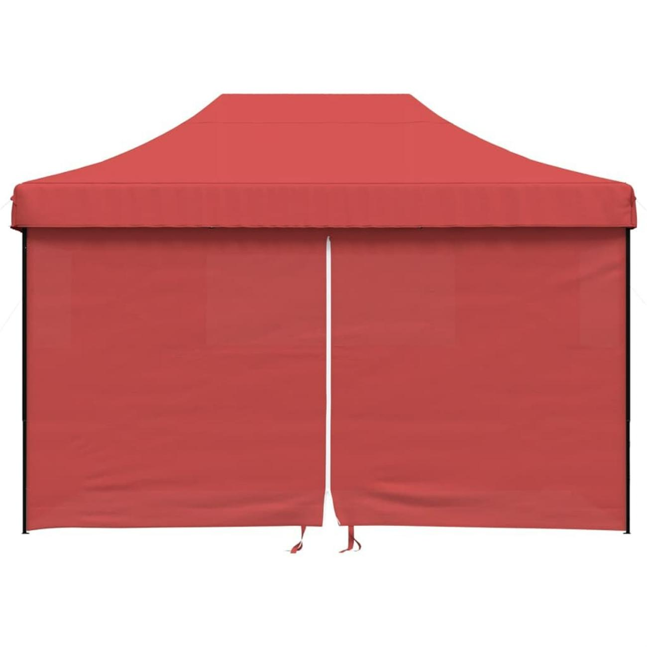Rotes Pop-up-Zelt. Schwarzer Rahmen. Geschlossen mit zwei Türen. Isoliert auf weißem Grund.