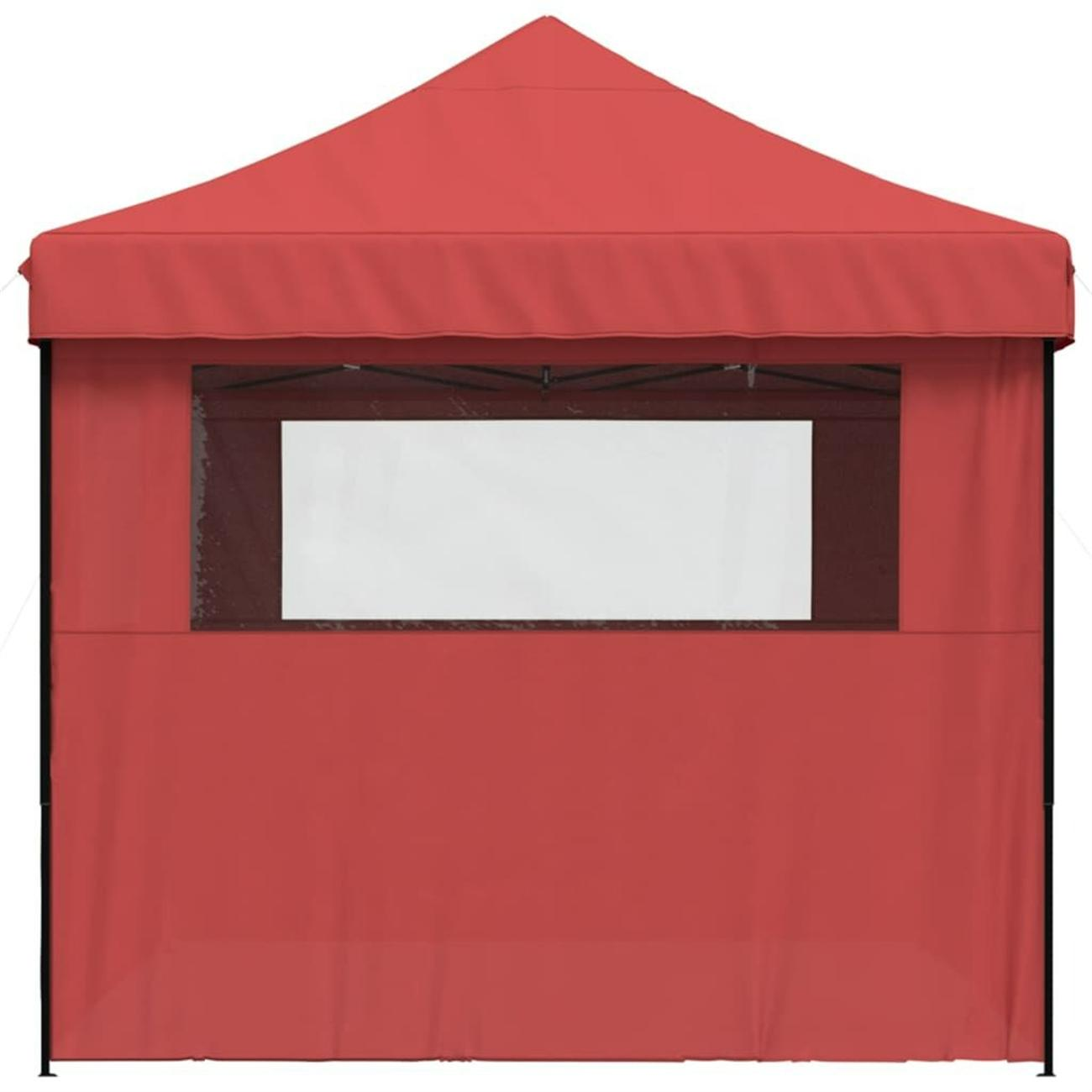 Rotes Outdoor-Zelt mit Fenster und schwarzem Rahmen. Die Oberseite ist abgeschrägt und das Fenster ist klar.
