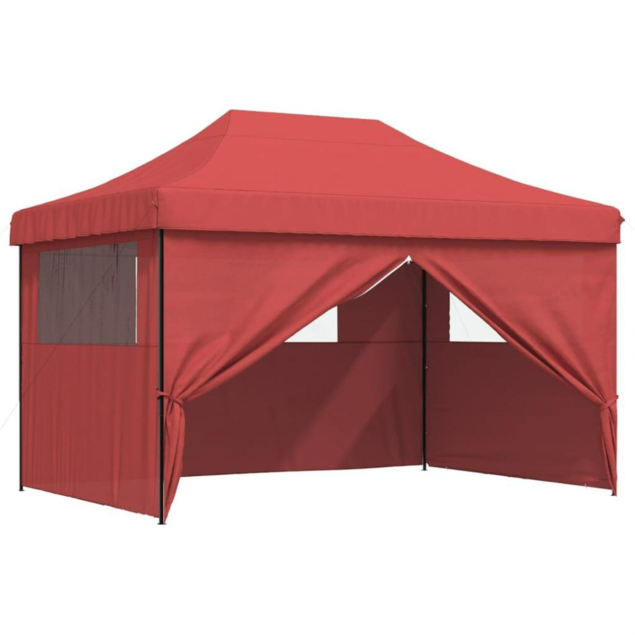 Rotes Pop-up-Zelt mit offenen Seiten. Schwarzer Rahmen, isoliert auf weißem Grund.