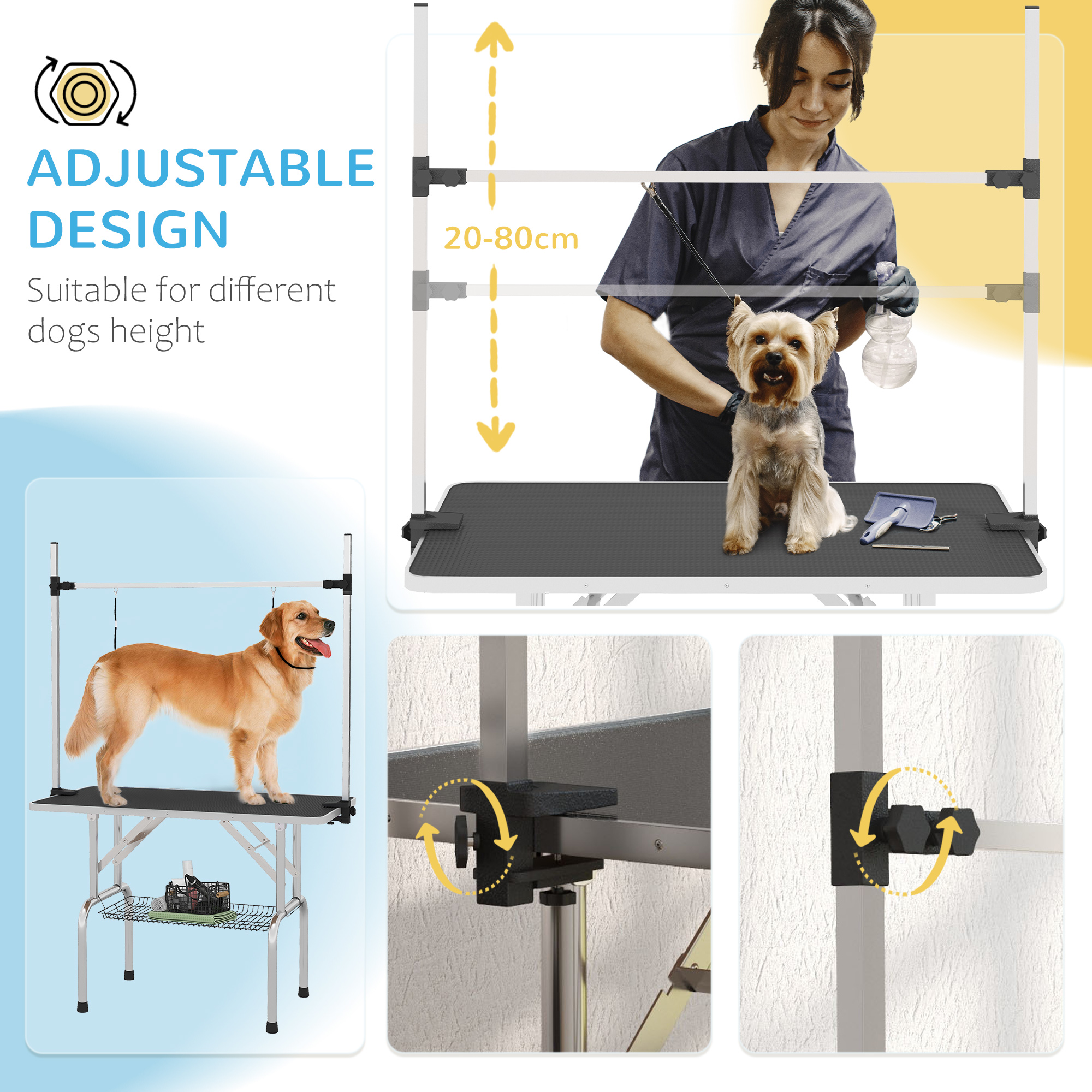 Pflegetisch in Gebrauch. Frau pflegt Hund. Einstellbares Design. Mit Hund auf dem Tisch.