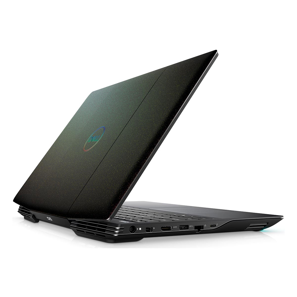 Czarna pokrywa laptopa z logo Dell, pokazująca gradientowy kolor z błyszczącym wykończeniem.