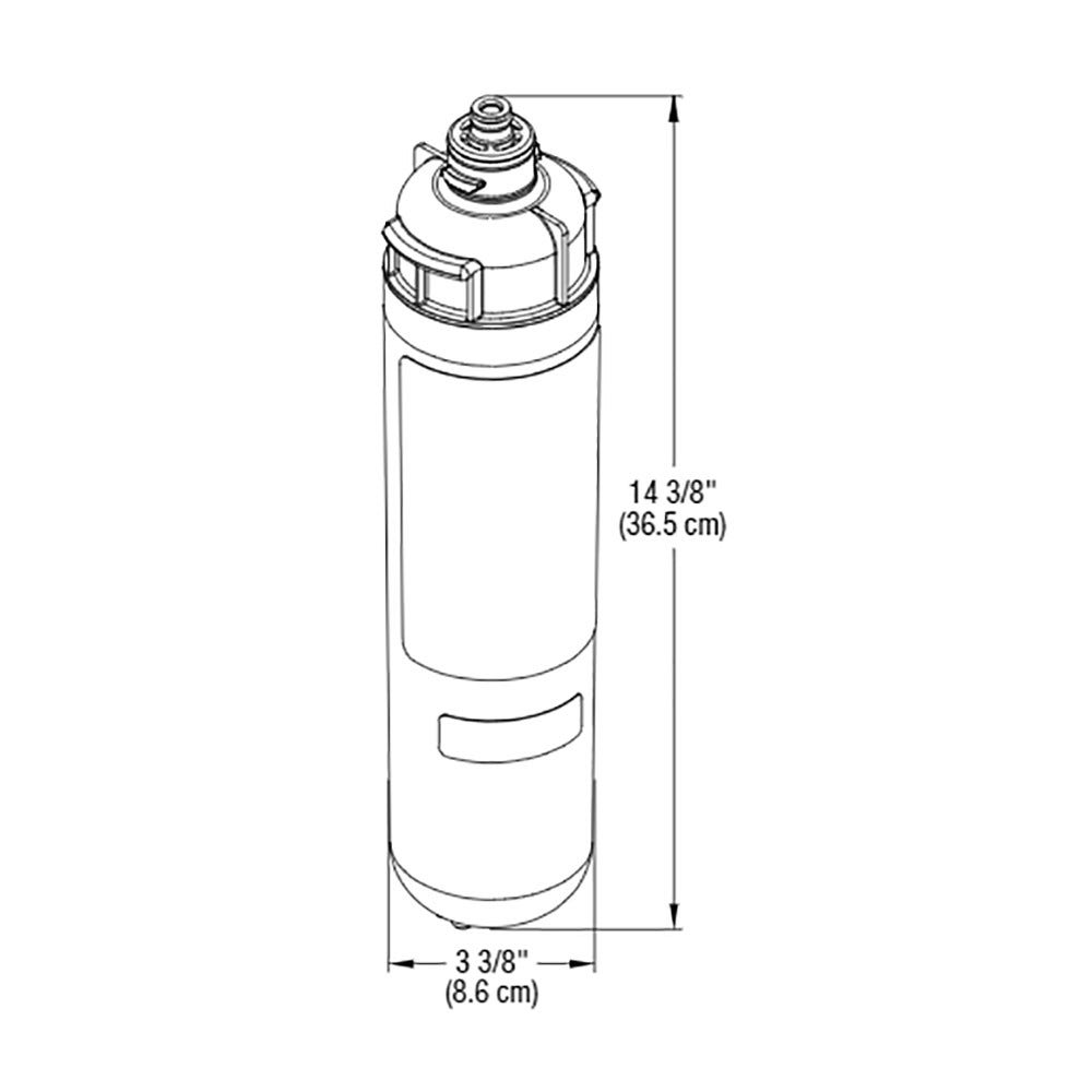 Weißer Wasserfilter mit beschrifteten Abmessungen, zylindrische Form, schwarze Oberseite.