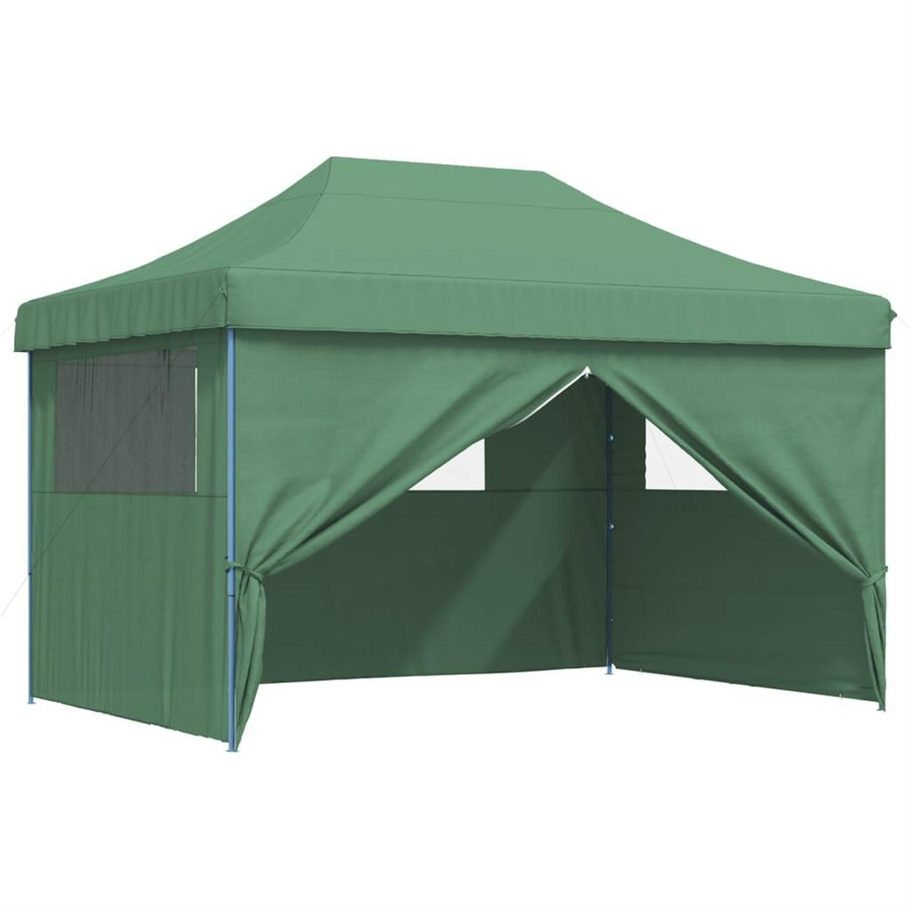 Grüner Pavillon mit offener Front. Blauer Rahmen. Weißer Hintergrund.
