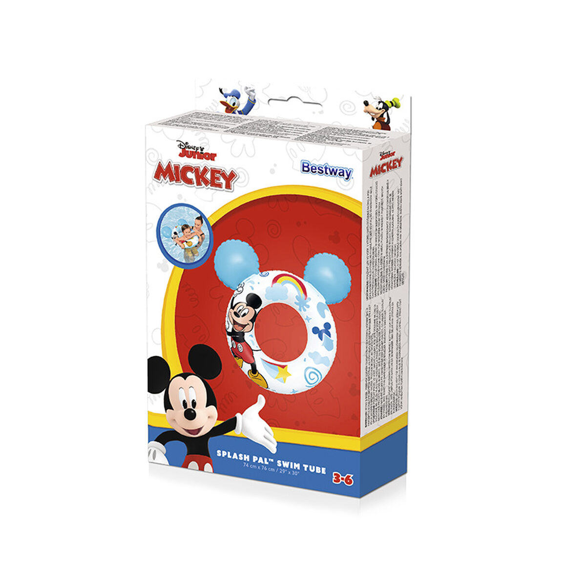 Karton mit Mickey Mouse Schwimmring. Der Ring ist blau, weiß und rot, mit Disney Junior Mickey.