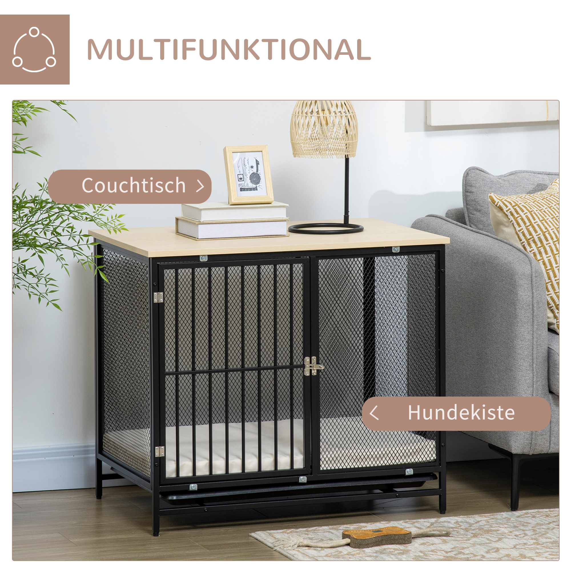 Eine schwarze und metallene Hundebox als Beistelltisch. Mit Käfig und Holzplatte. Text: multifunktional.