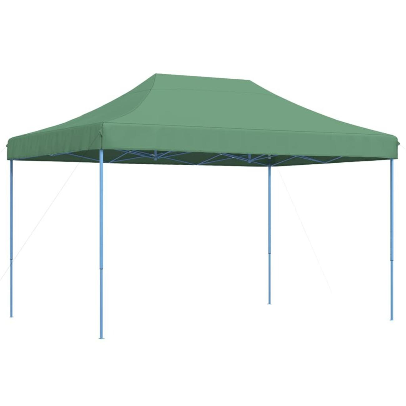 Ein grünes Pop-up-Zelt mit blauen Stangen und einer grünen Oberseite. Es wird im Freien auf weißem Hintergrund aufgestellt.