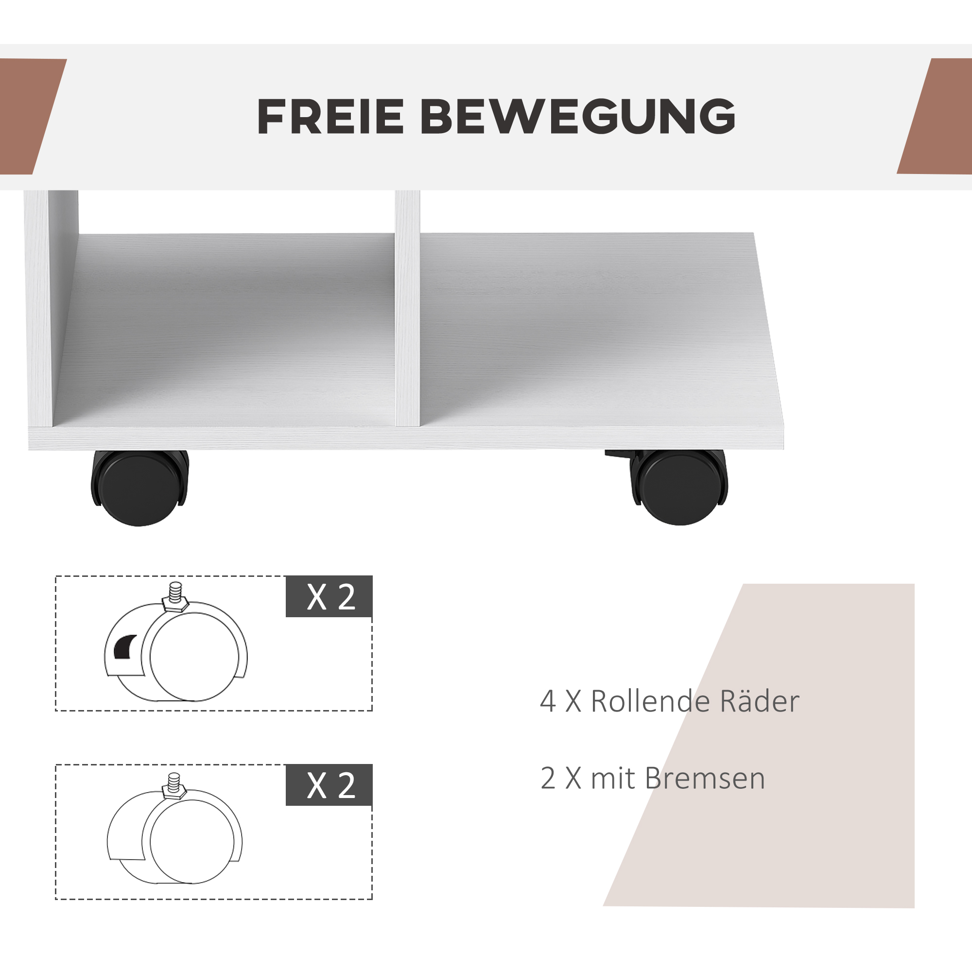 Ein weißes Regal auf Rädern. Das Diagramm zeigt die Räder und den Text: Freie Bewegung.