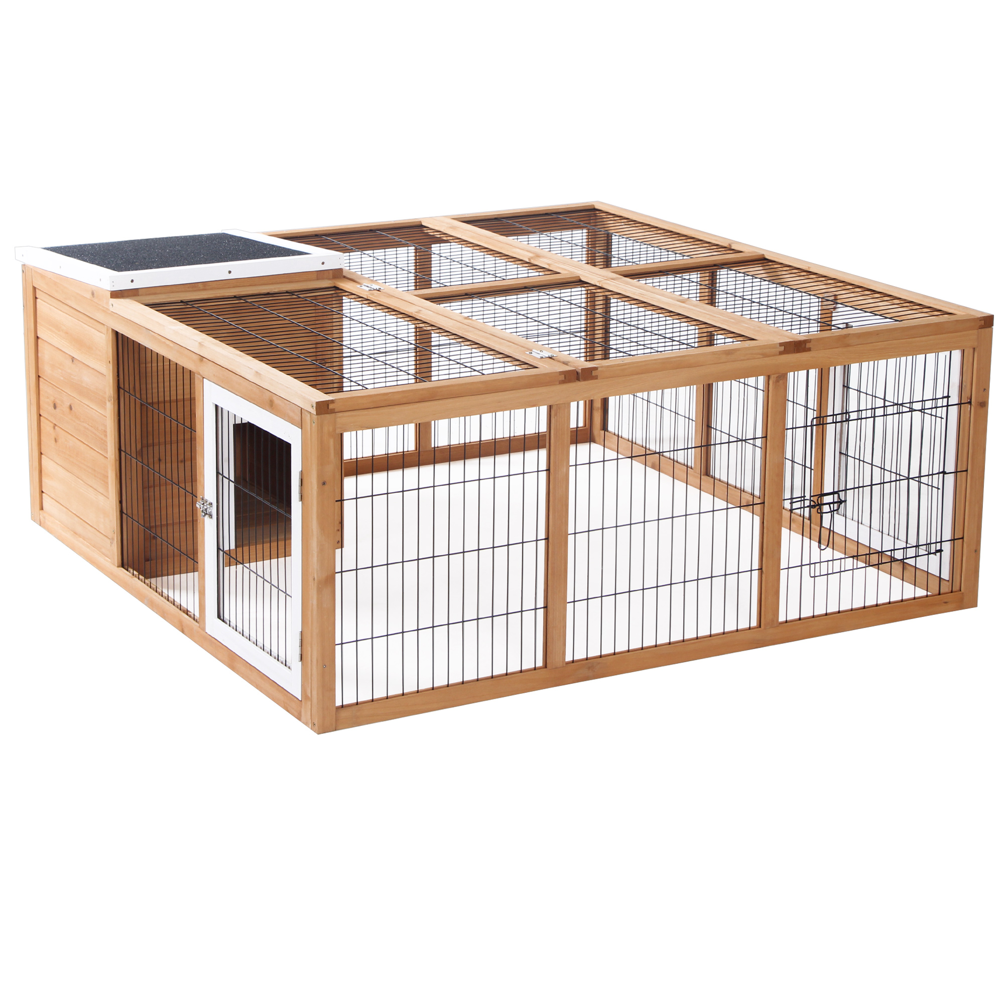 Ein Kaninchenstall aus Holz mit einem Drahtgeflechtgehege. Er hat eine Tür und ein schwarzes Dach.