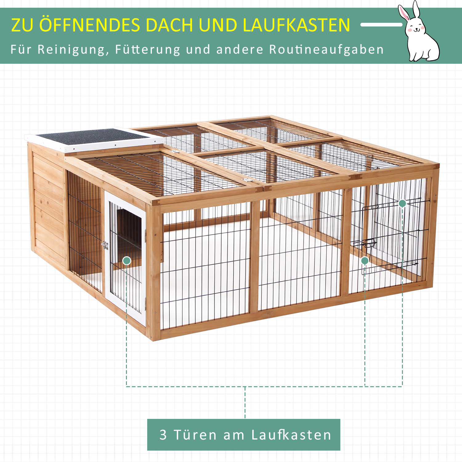 Kaninchenstall aus Holz mit Drahtgeflecht und Türen. Es hat ein schwarzes Dach und ein Hasensymbol.