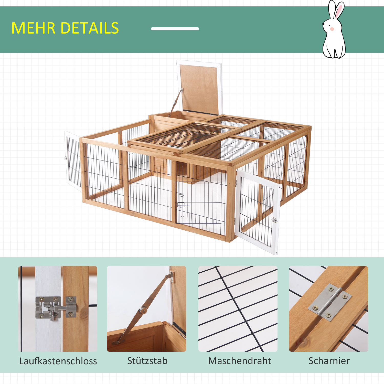Kaninchenstall aus Holz mit offenen Türen, Drahtgeflecht und Details zu Riegel, Stütze und Scharnier.