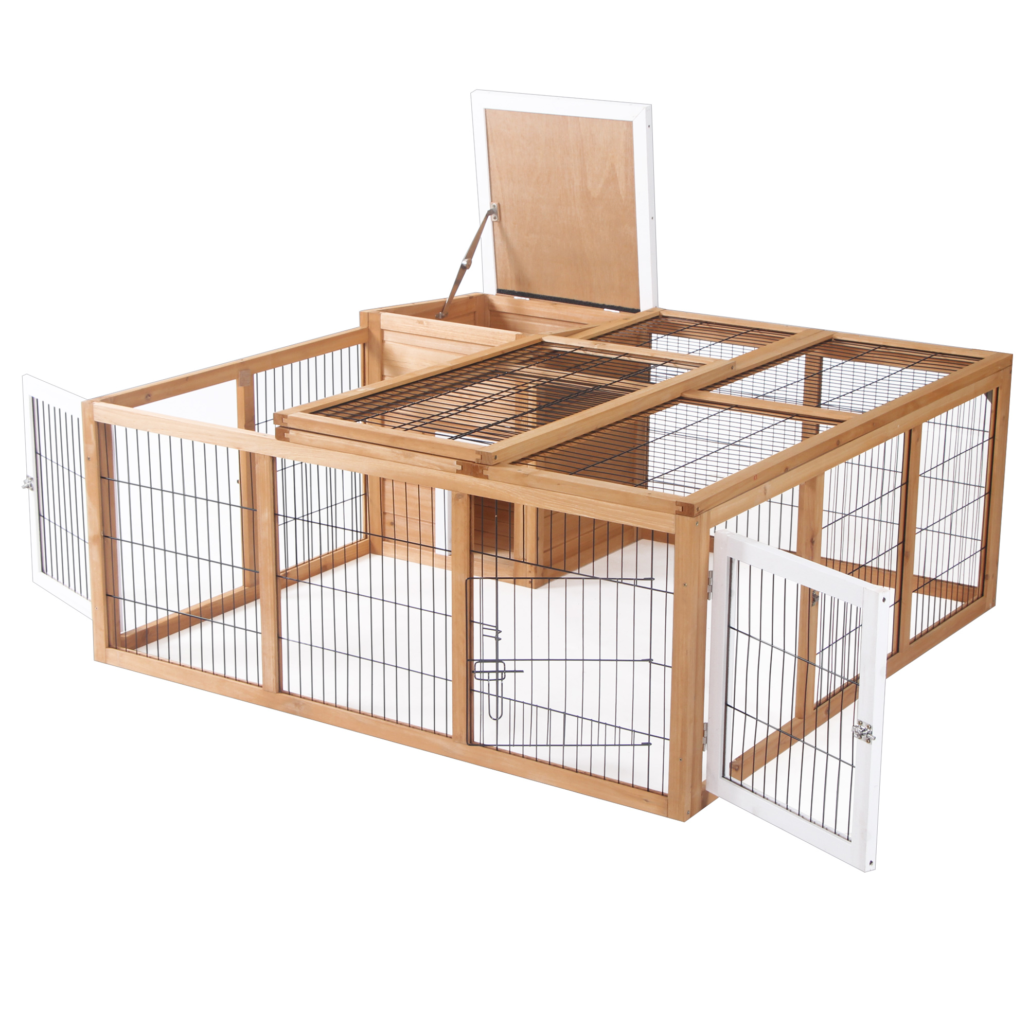 Holz-Kaninchenstall mit offenen Türen und Dach. Es hat Drahtgeflecht und ein Holzdach.
