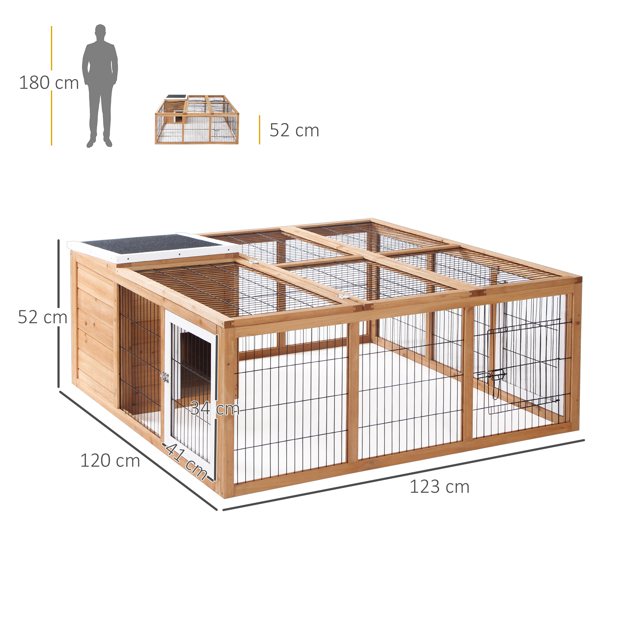 Kaninchenstall aus Holz mit Abmessungen. Er hat eine Tür, Drahtgeflecht und ein schwarzes Dach.