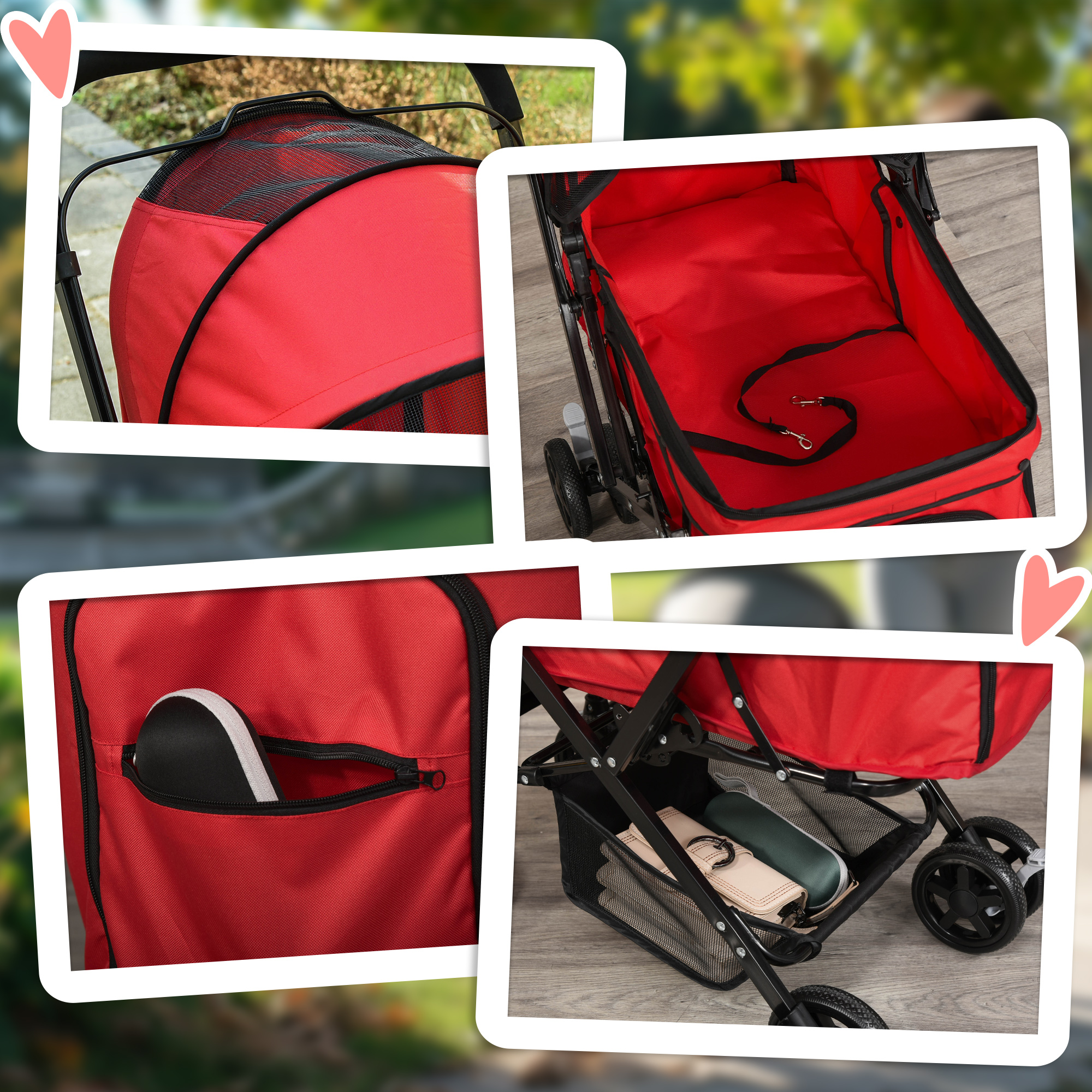 Roter Haustier-Kinderwagen mit mehreren Ansichten und Funktionen.