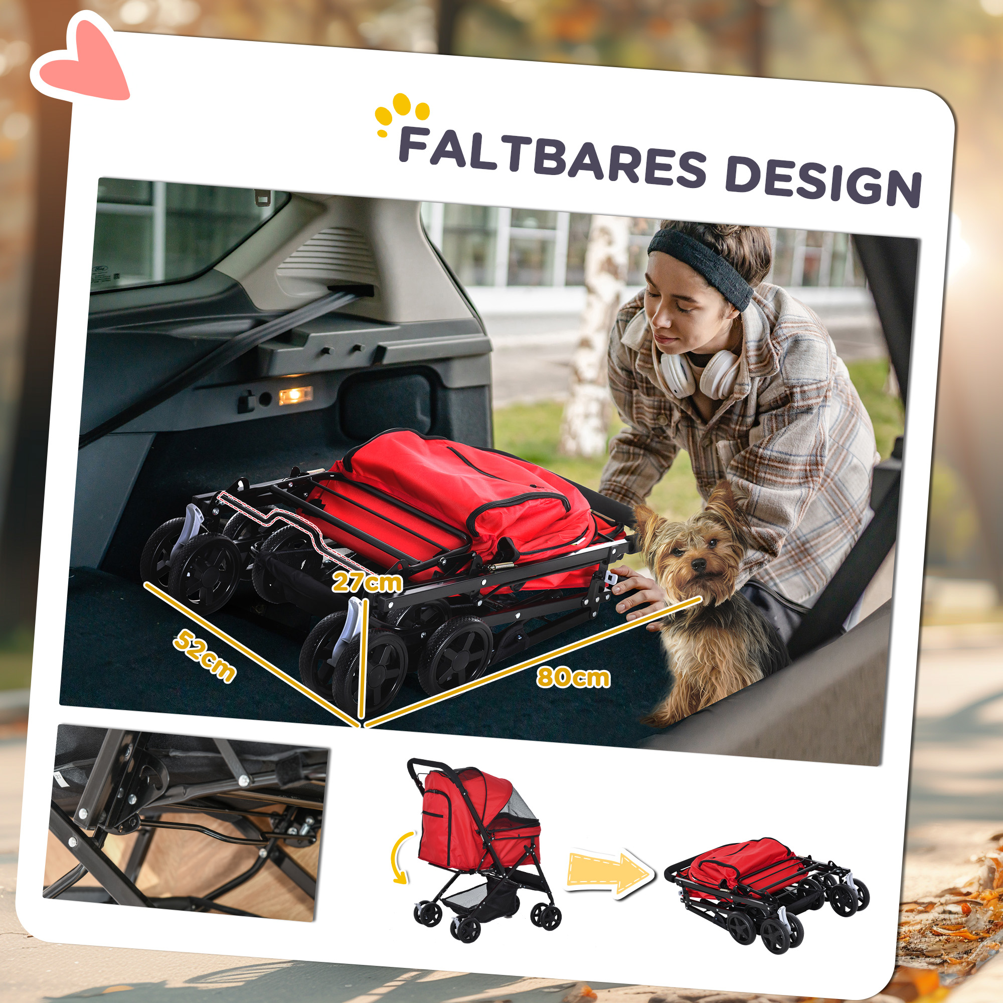 Roter Haustier-Kinderwagen zusammengeklappt im Kofferraum.