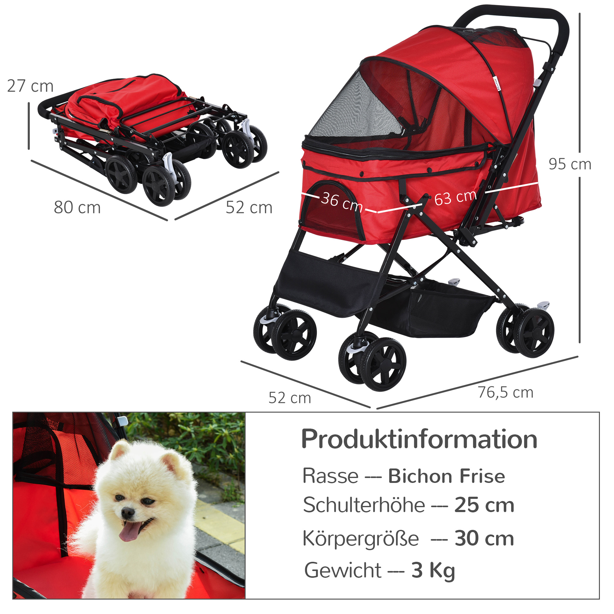 Roter Hundewagen mit Maßen. Die gefaltete Einheit befindet sich links. Ein kleiner weißer Hund ist unten links.