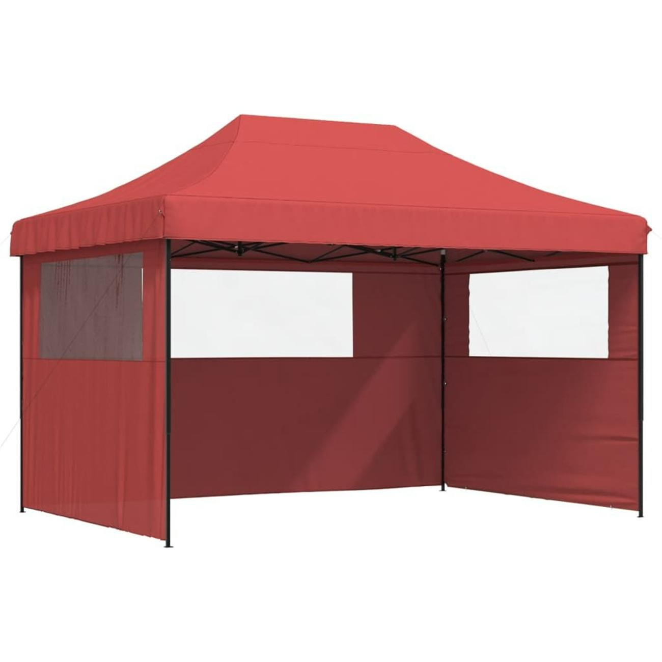 Rotes Vordachzelt mit weißen Fenstern.