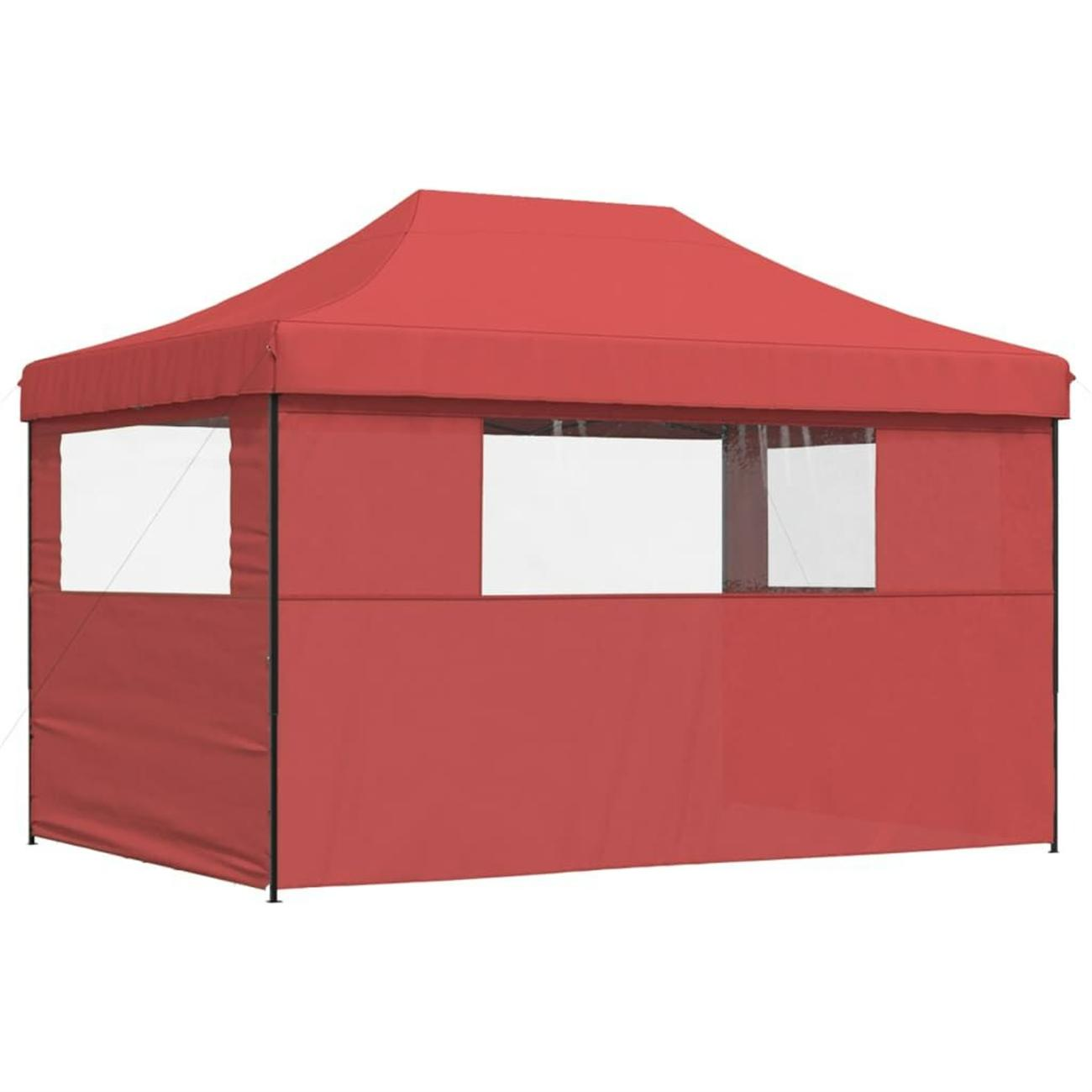 Rotes Vordachzelt mit weißen Fenstern.