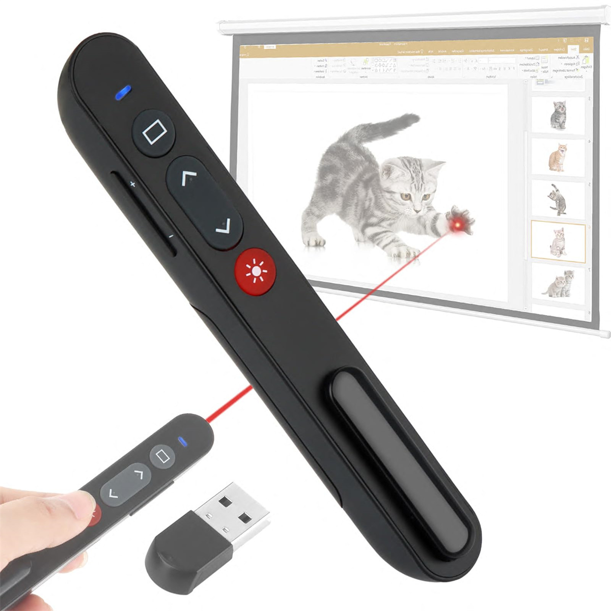 Eine schwarze Präsentationsfernbedienung mit rotem Laserpointer, die auf eine Leinwand mit einer Katze zeigt, die einem Laserpunkt folgt.