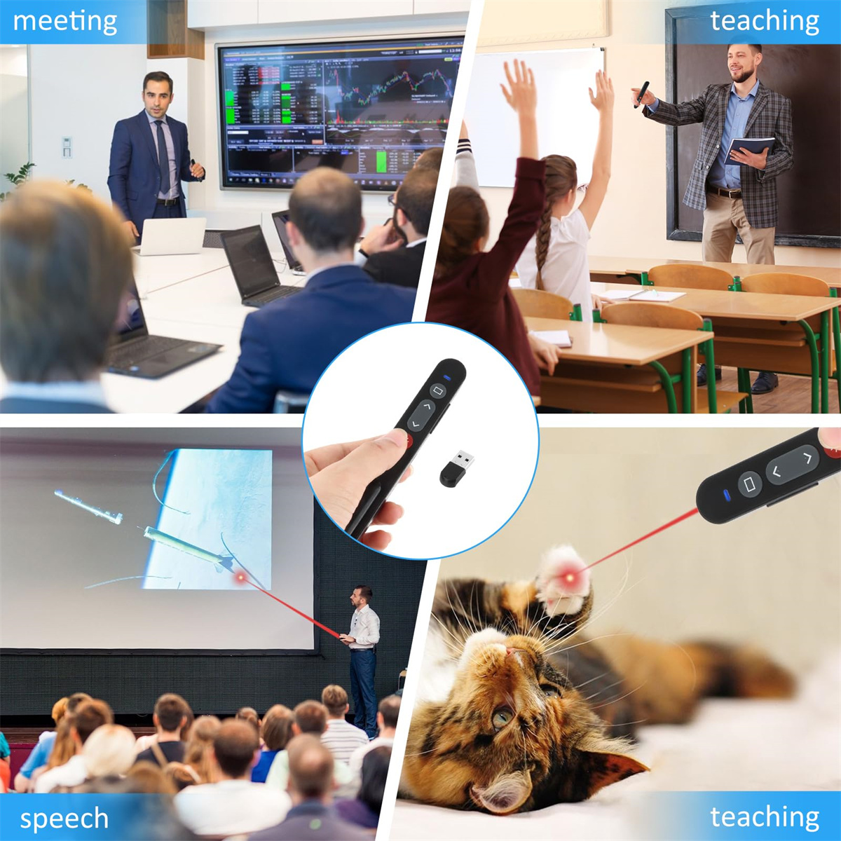 Vier Szenen, die zeigen, wie ein Präsentator eine Laserpointer-Fernbedienung verwendet: Meeting, Unterricht im Klassenzimmer und Rede.