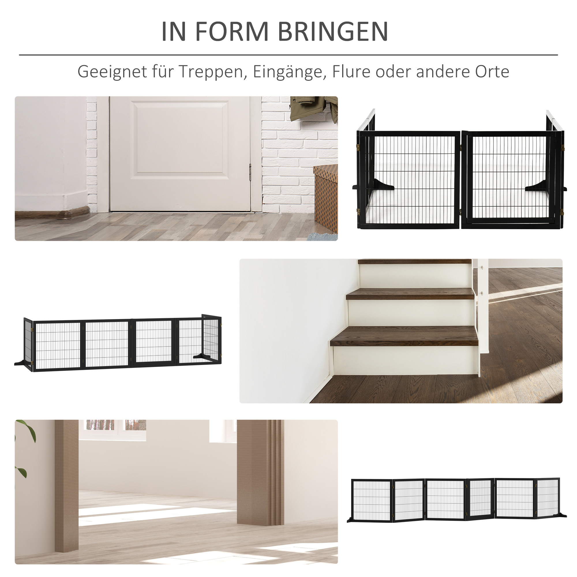 Collage von Bildern, die einen Hundezaun in verschiedenen Umgebungen zeigen: Tür, Treppe und offener Raum.