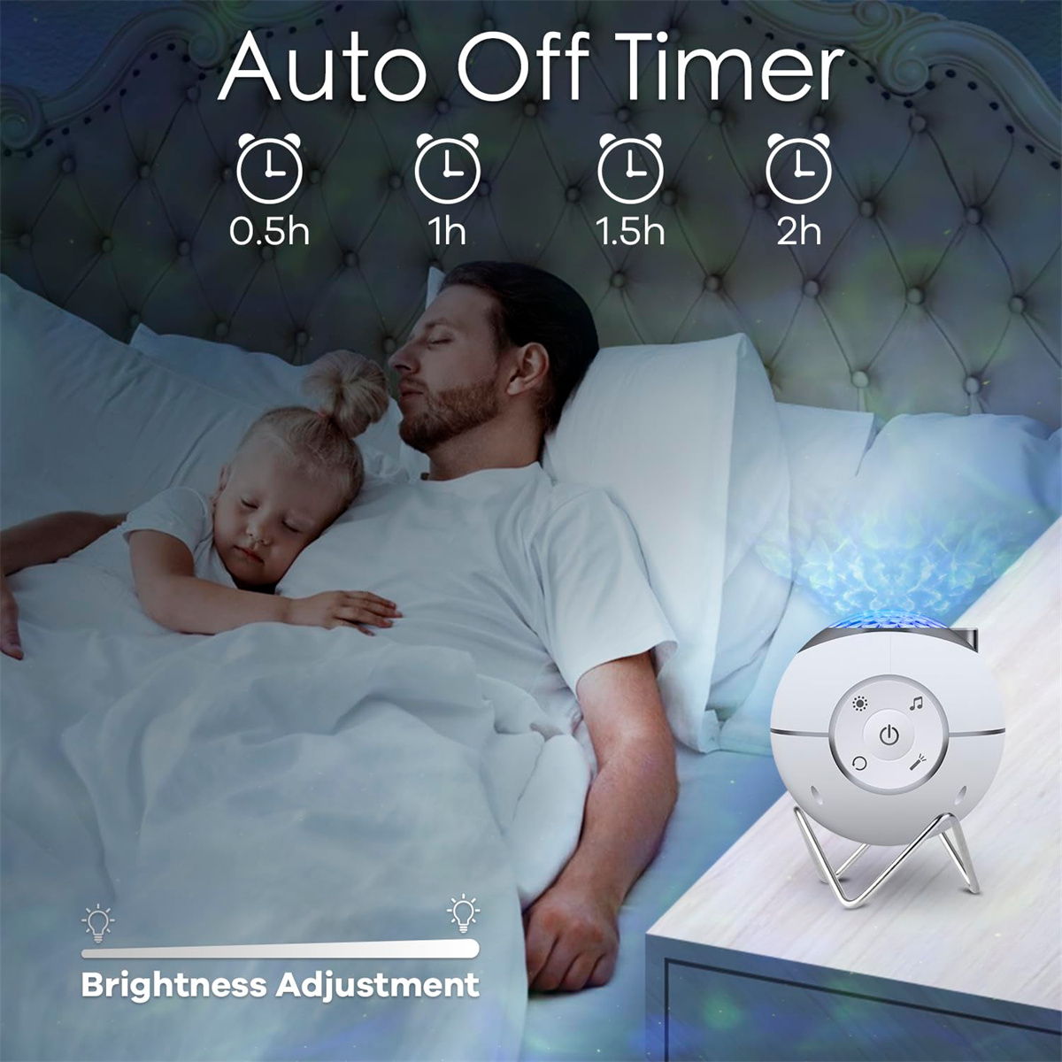 Vater und Kind schlafen. Weißer Lichtprojektor auf dem Nachttisch. Timereinstellungen: 0,5h, 1h, 1,5h, 2h.