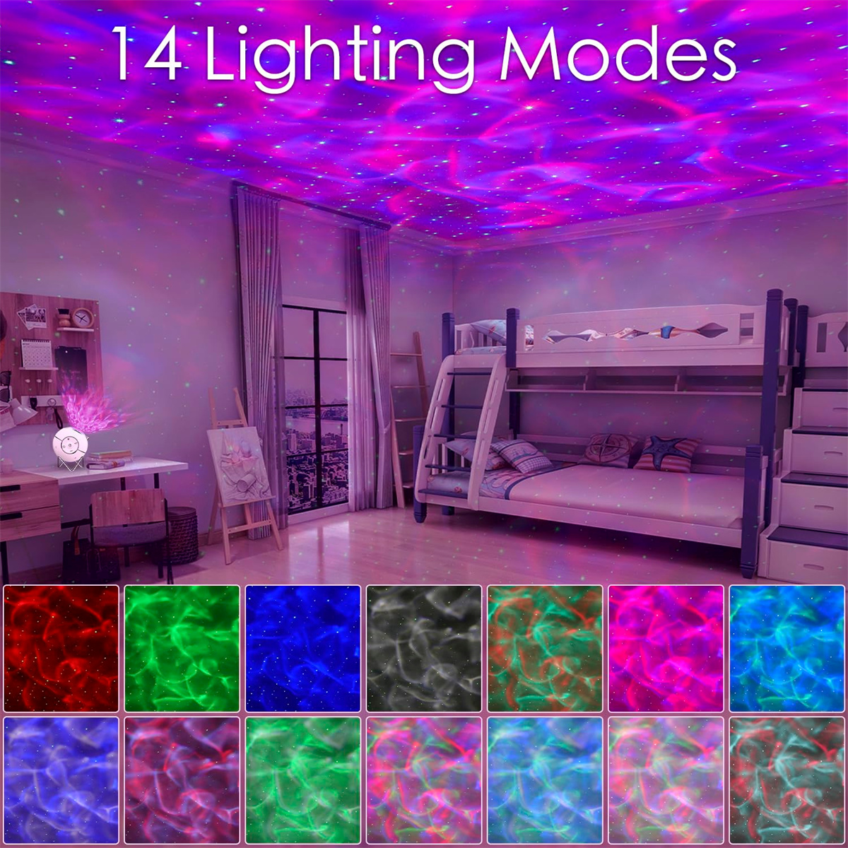 Ein Schlafzimmer mit einem Sternprojektor, der die Decke beleuchtet. Ein Etagenbett und verschiedene Lichtmodi.