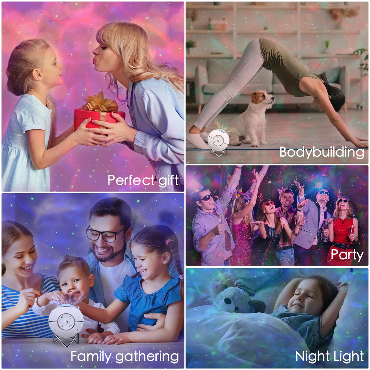 Eine Collage, die den Sternprojektor für Geschenke, Familienzeit, Bodybuilding, Partys und Nachtlicht zeigt.
