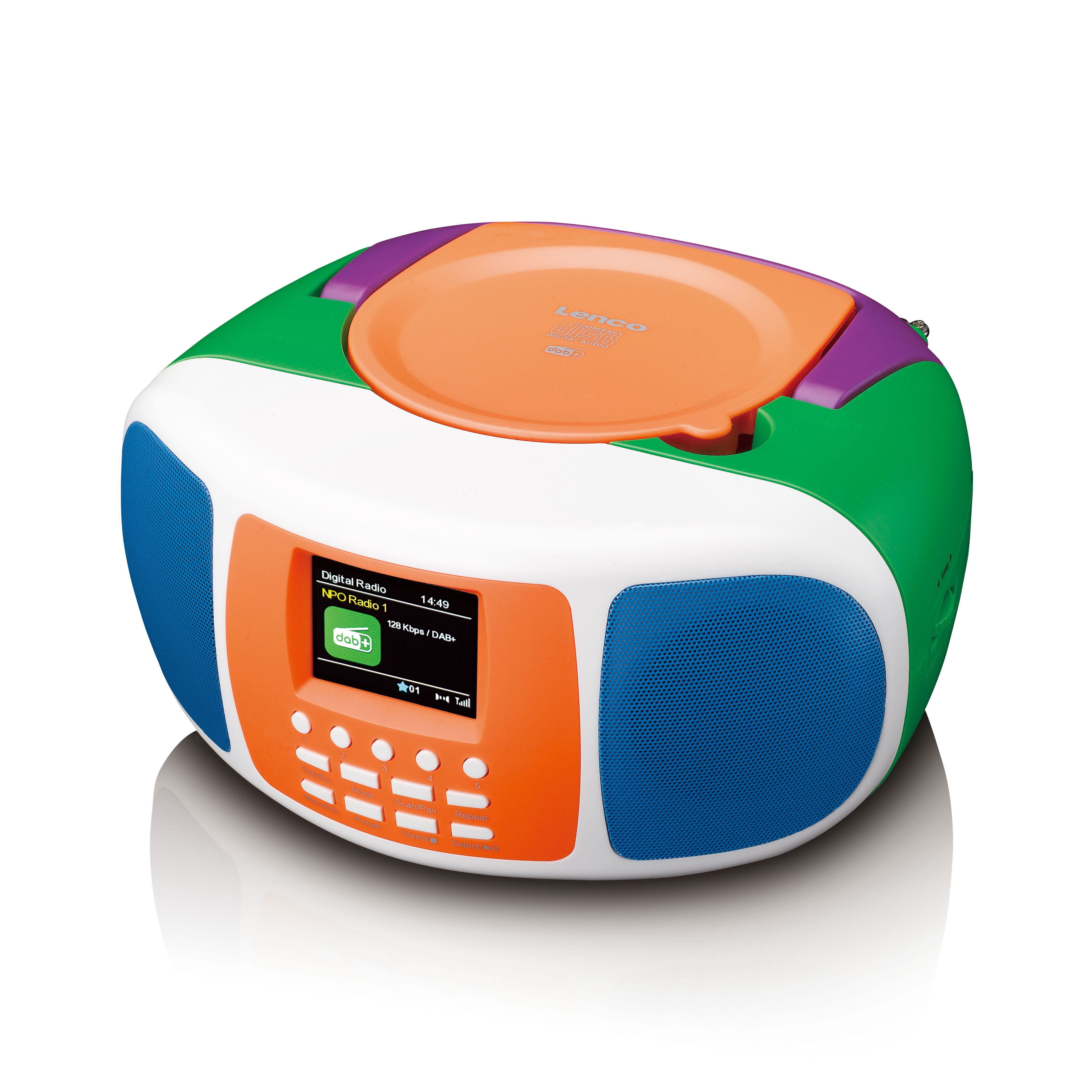 Eine bunte Boombox mit CD-Player und digitaler Radioanzeige. Die Farben sind Grün, Orange, Lila und Blau.