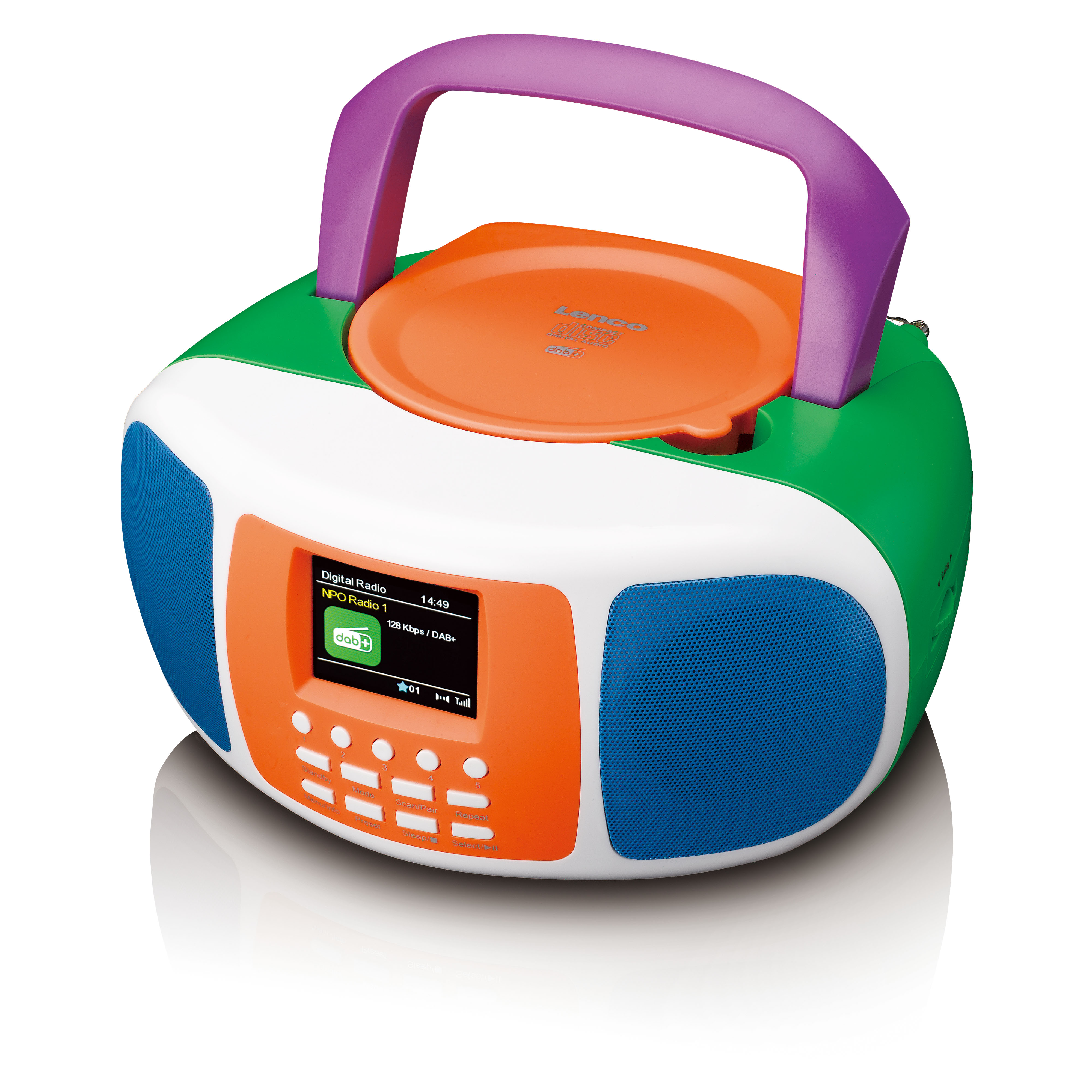 Farbenfrohes Radio mit orange-blauer Front, blauen Lautsprechern, lila Griff und grünem Deckel.