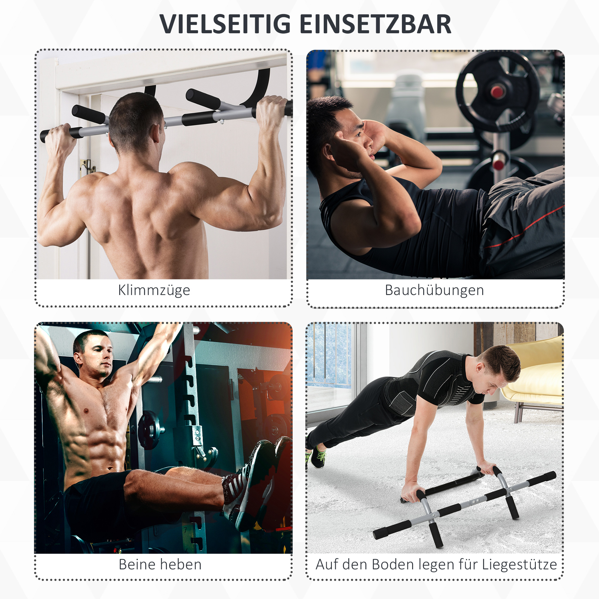 Vier Bilder, die die Verwendung einer Klimmzugstange demonstrieren. Klimmzüge, Sit-ups, Beinheben und Liegestütze.