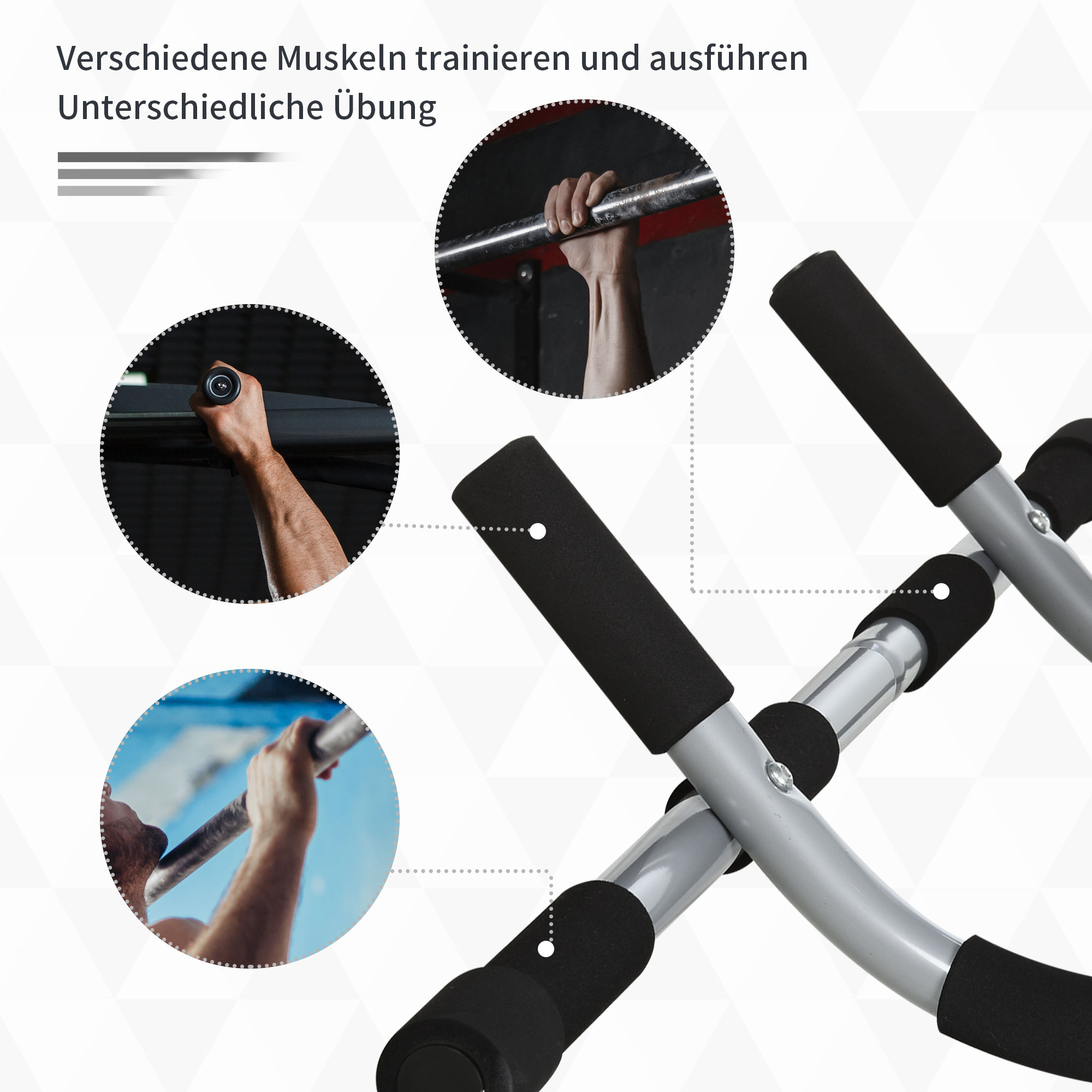 Nahaufnahme einer Klimmzugstange, die verschiedene Handpositionen zeigt. Verschiedene Übungen werden demonstriert.