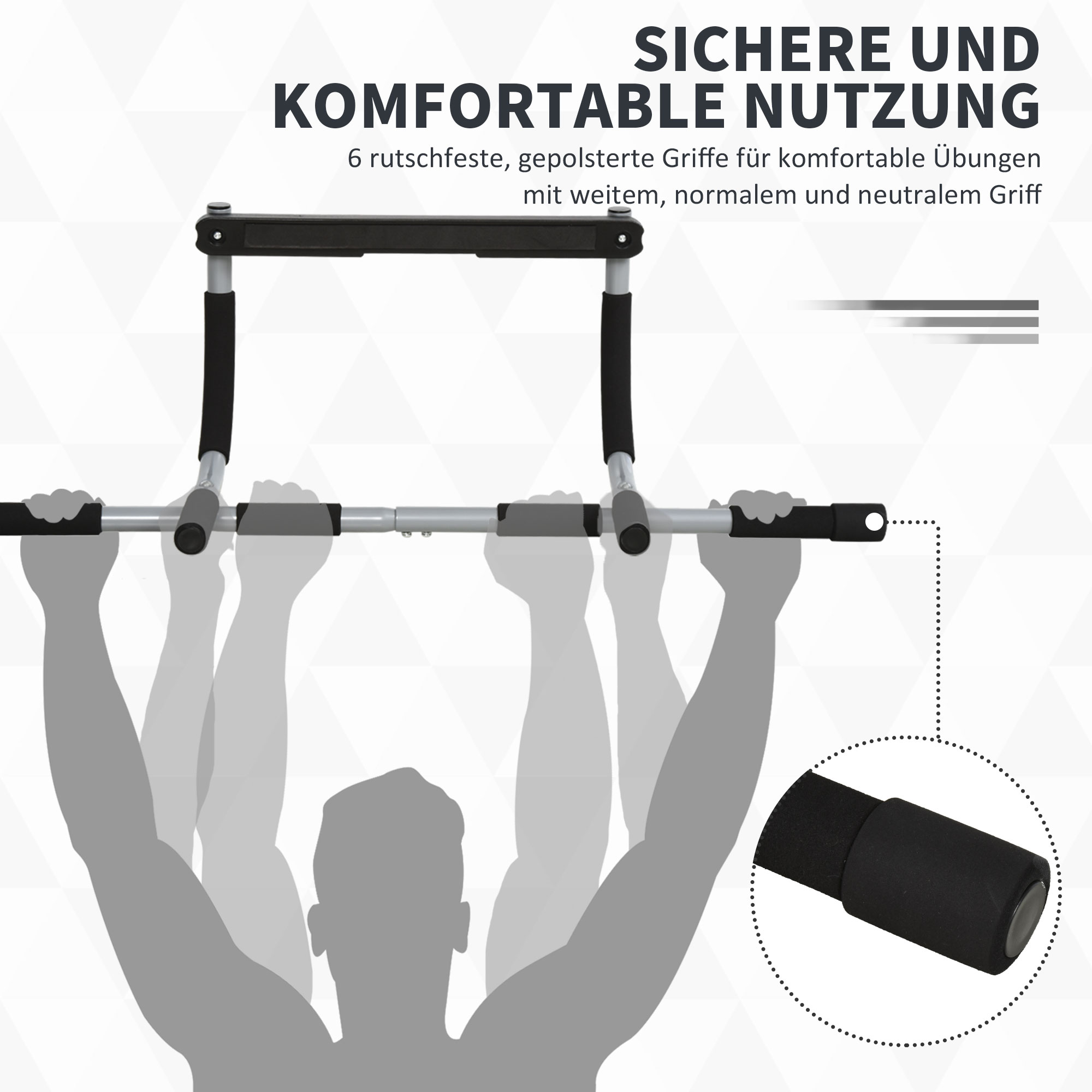 Klimmzugstange mit gepolsterten Griffen, mit Silhouette einer Person, die sie benutzt. Nahaufnahme eines Griffs.