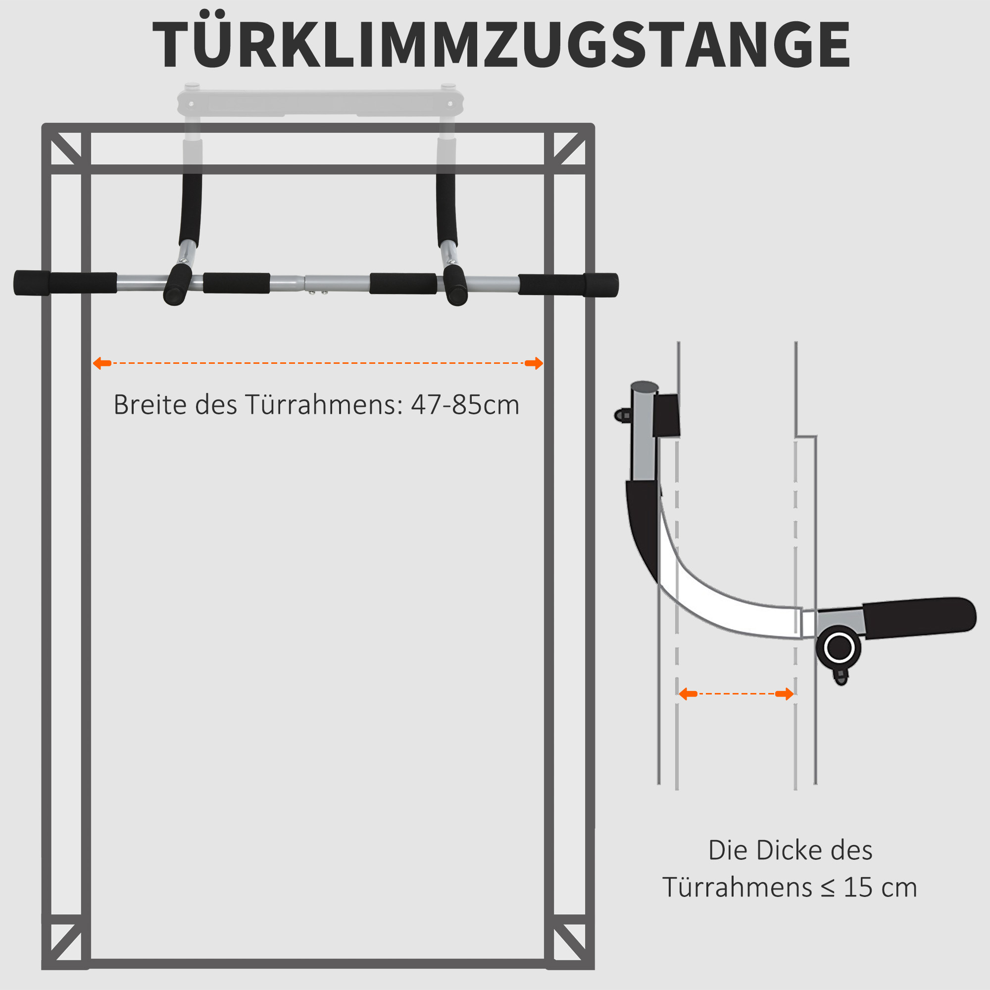 Eine Klimmzugstange, die an einem Türrahmen montiert ist. Abmessungen für Rahmenbreite und -tiefe sind angegeben.