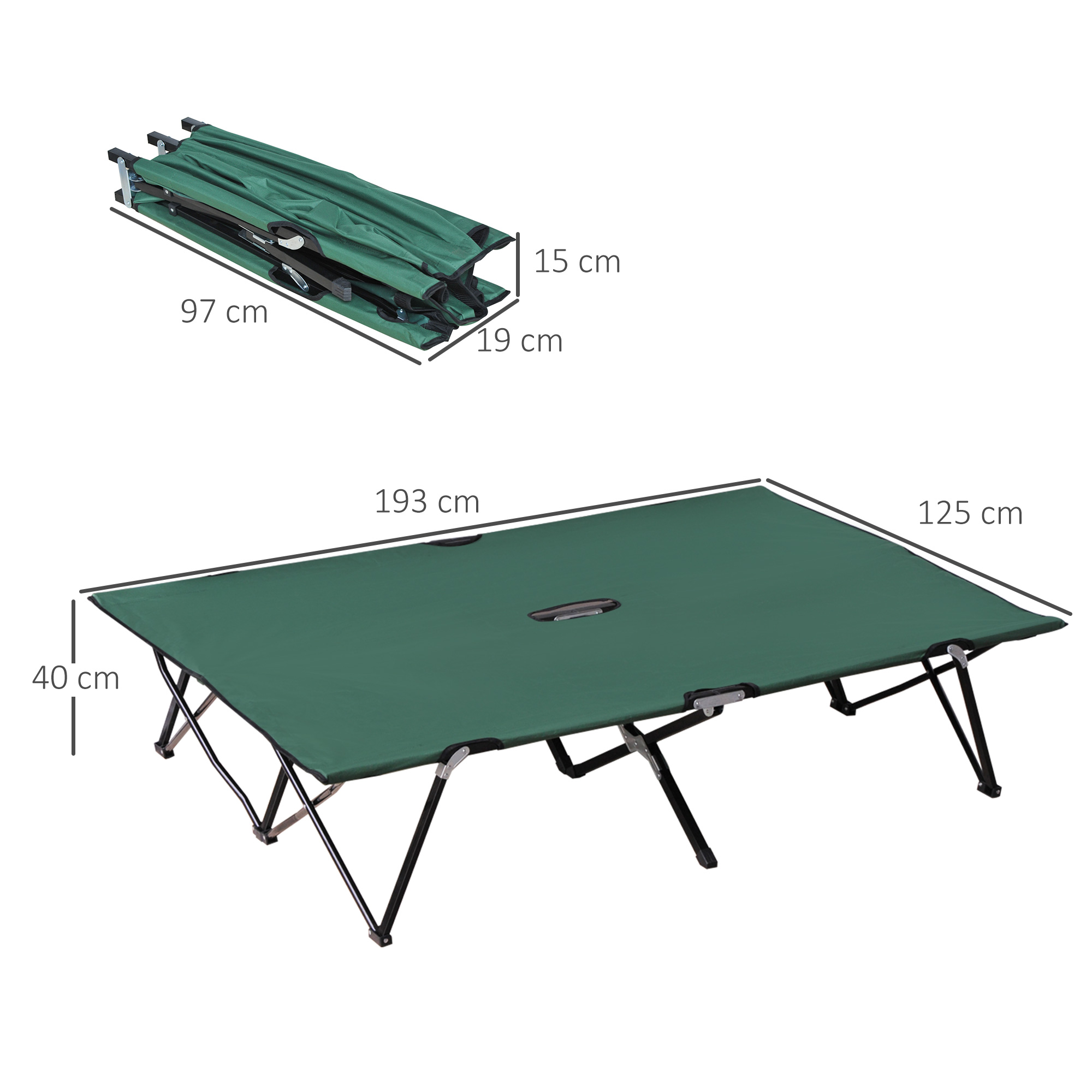 Ein grünes Campingbett mit beschrifteten Abmessungen. Es ist gefaltet und entfaltet.