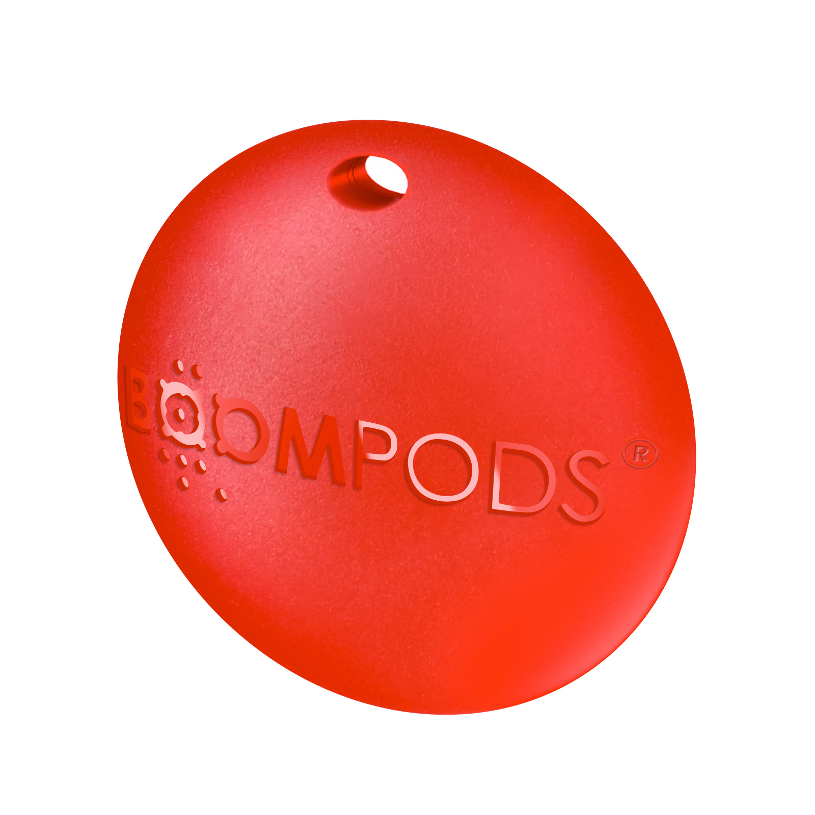 Un tag Boompods rosso con un foro in alto.