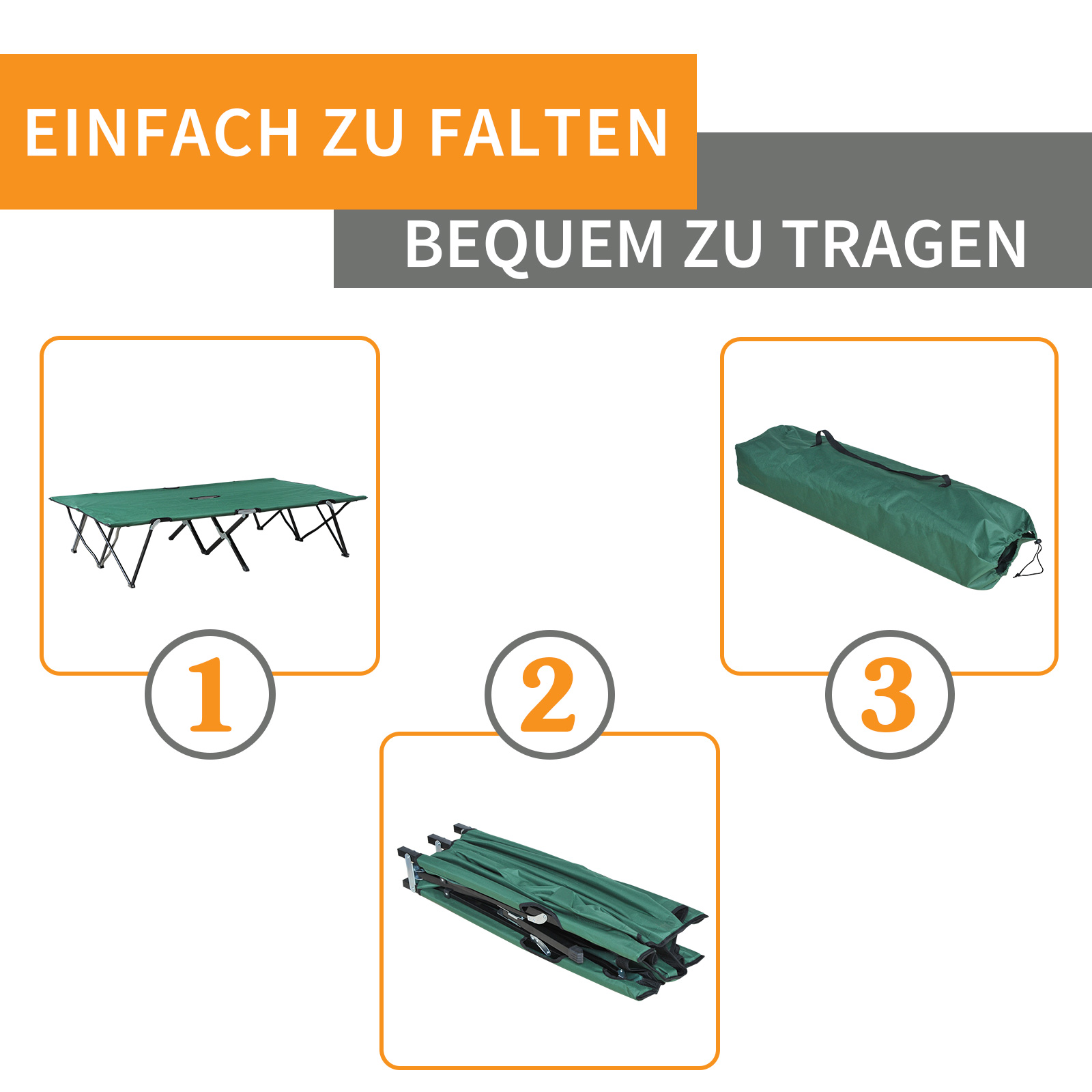 Drei Bilder zeigen, wie man das grüne Campingbett faltet und in die Tragetasche packt.