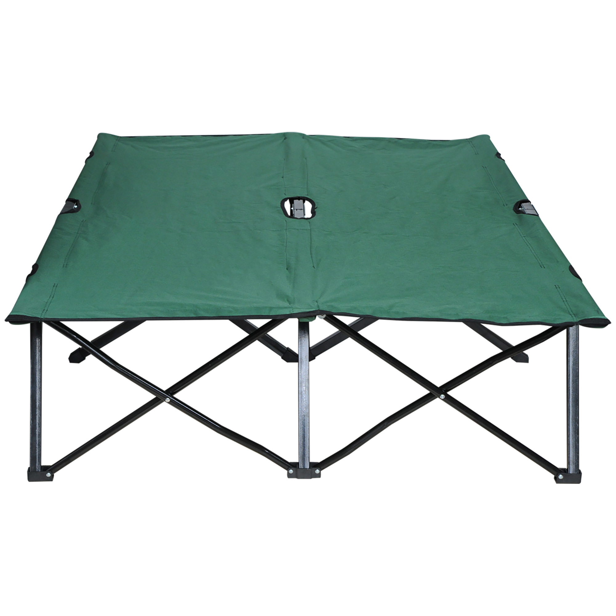 Grüner Camping-Tisch zusammengeklappt mit schwarzen Beinen.