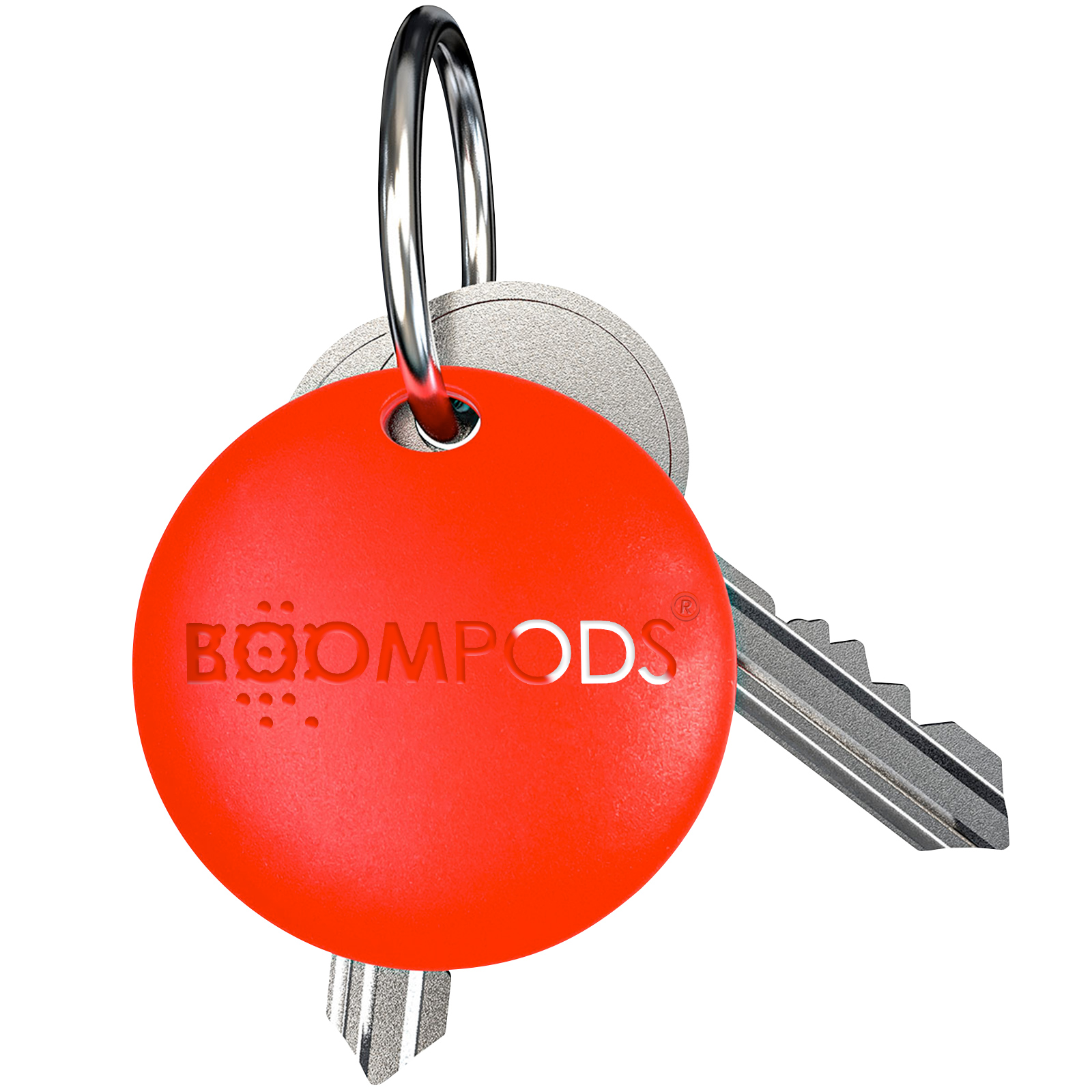 Portachiavi rosso con la parola 'BOOMPODS' e una chiave.
