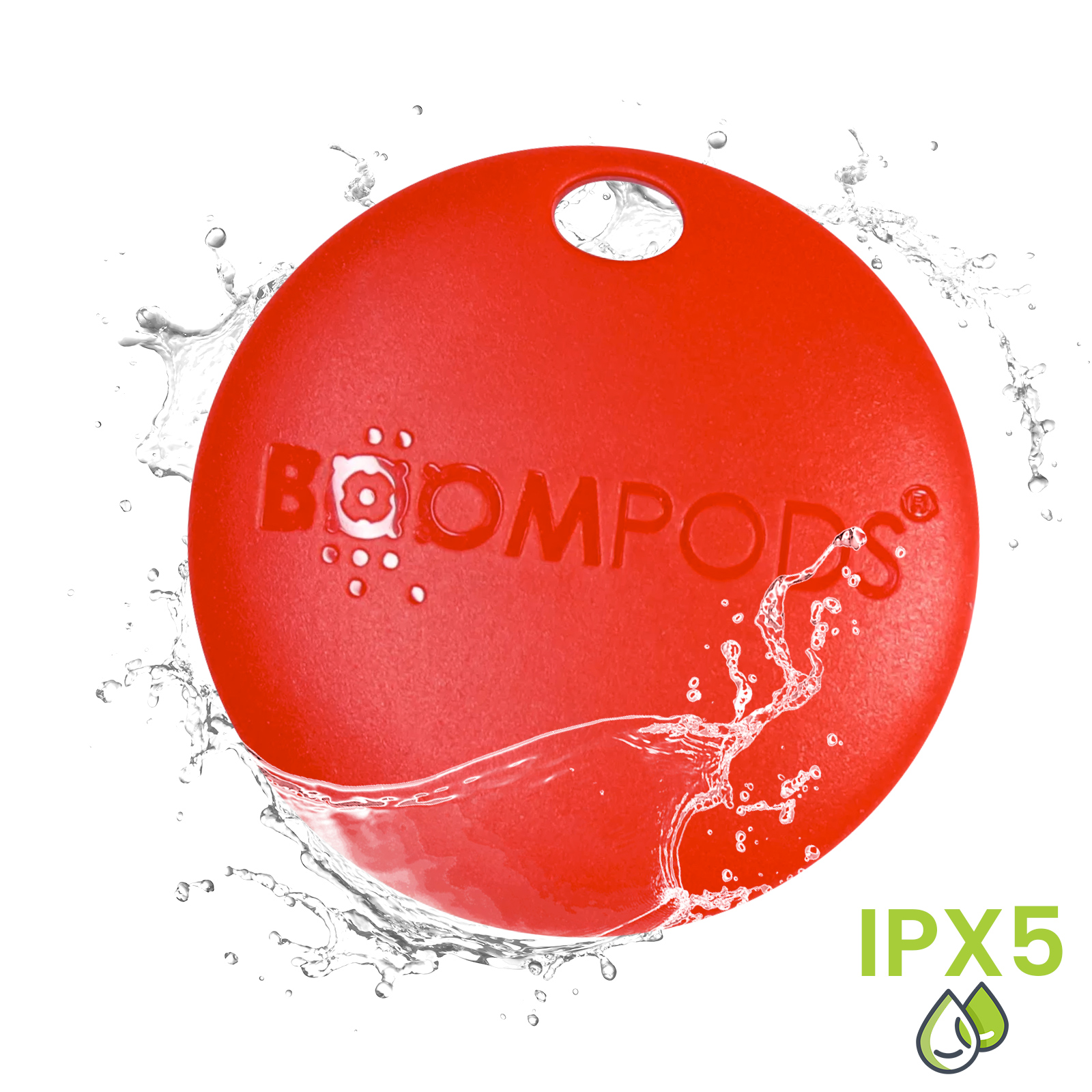 Portachiavi rosso con 'BOOMPODS' in acqua, con icone IPX5 e goccia.