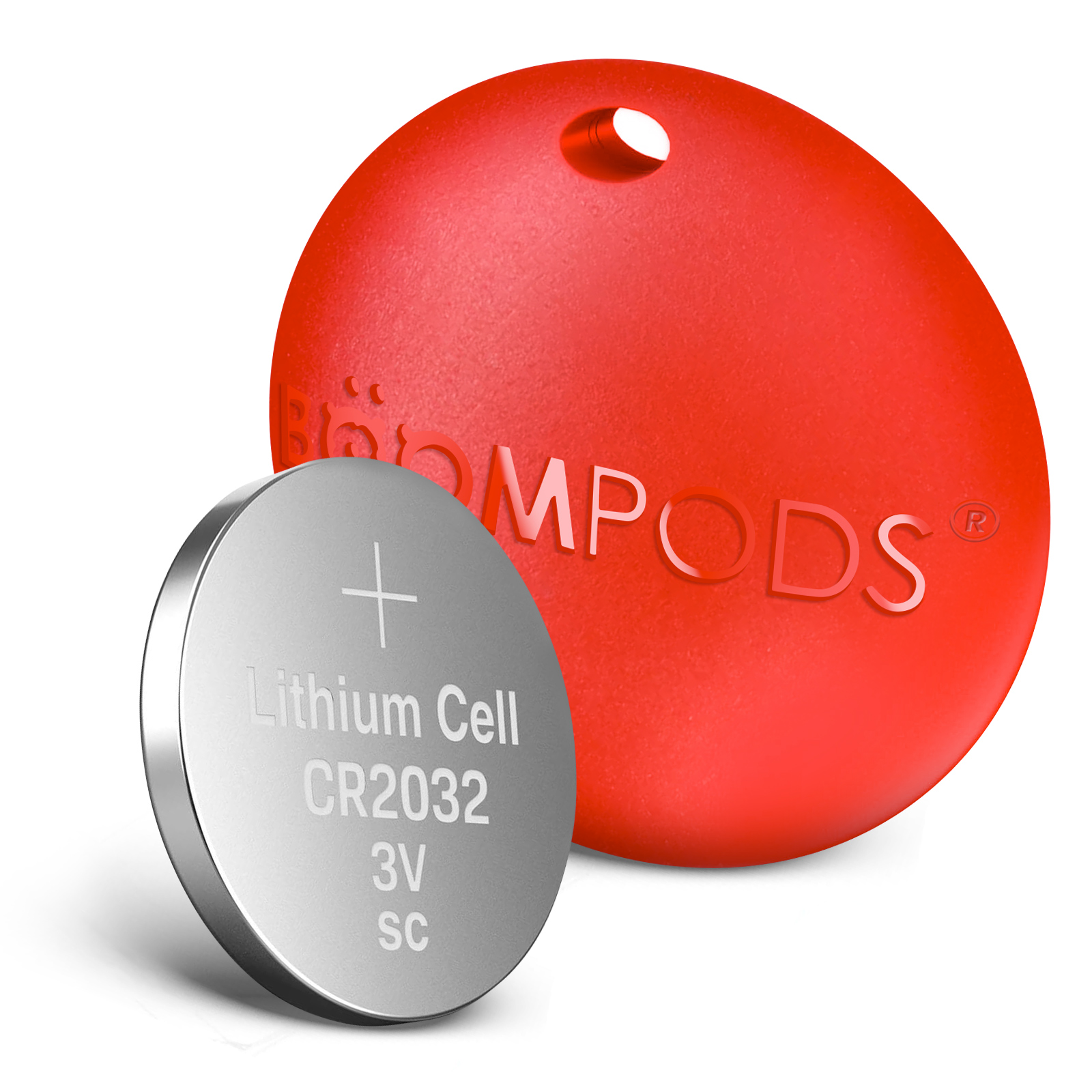 Un dispositivo rotondo rosso e una batteria d'argento. Entrambi sono su una superficie bianca.