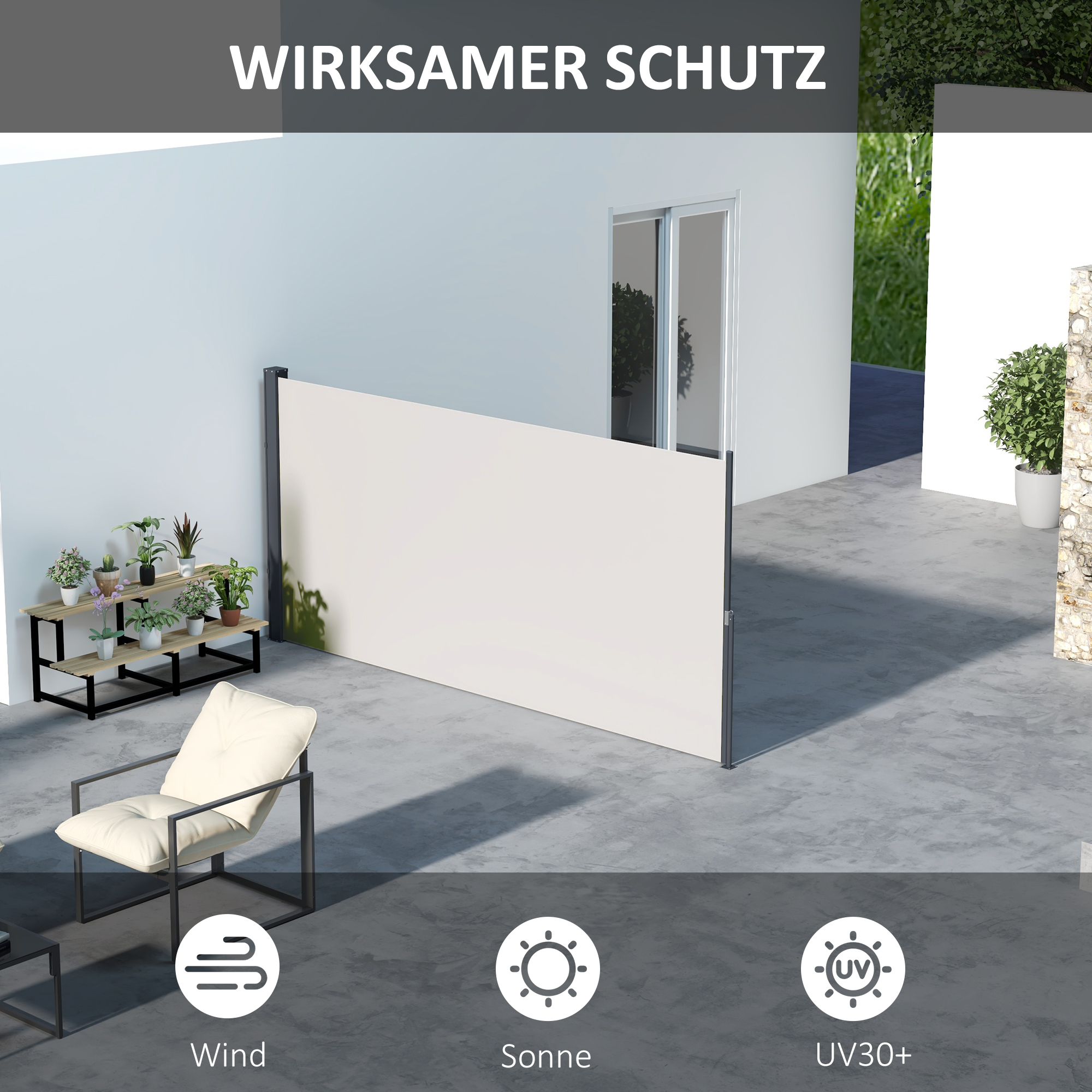 Weiße Leinwand auf einer Terrasse mit Wind-, Sonnen- und UV30+-Symbolen.