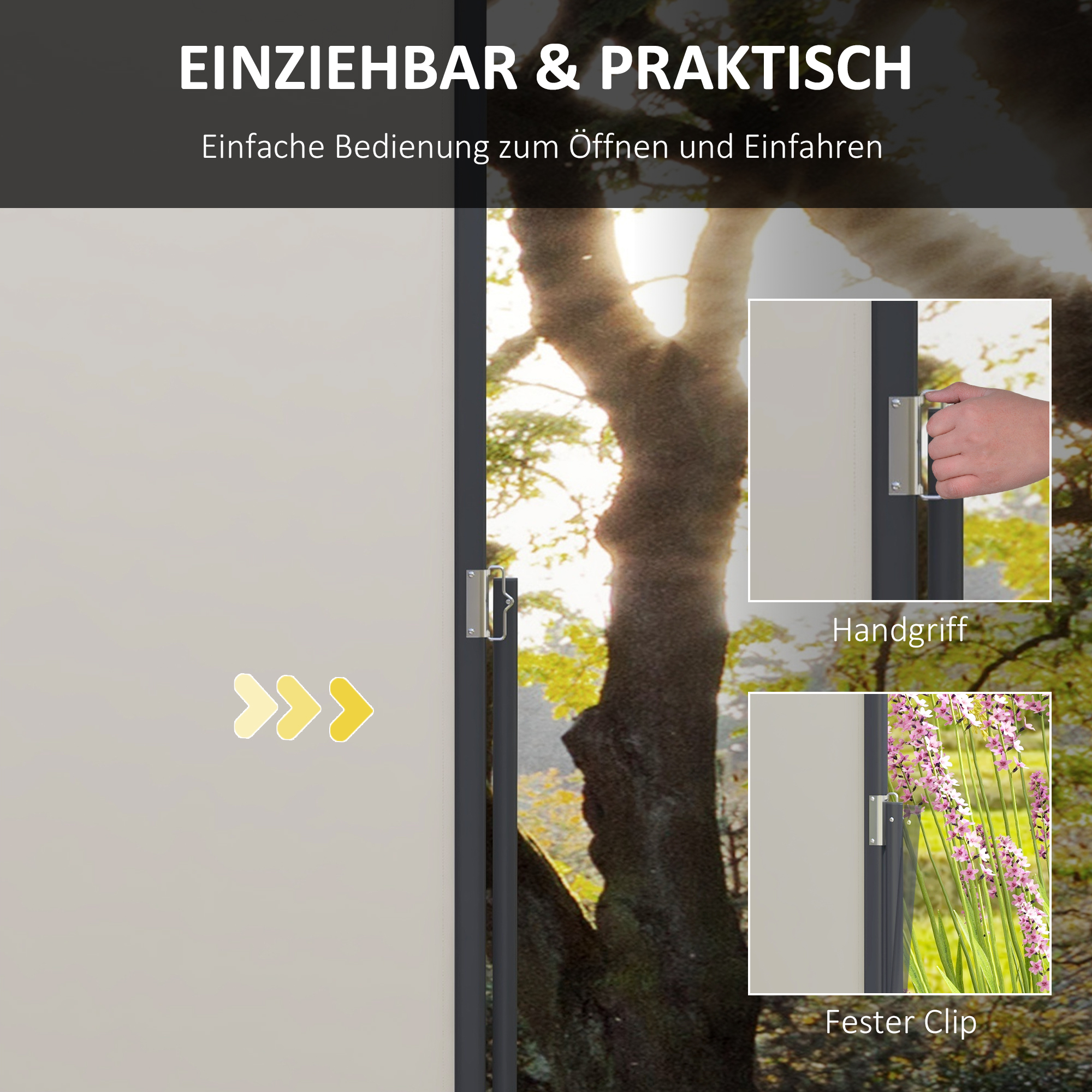 Nahaufnahme von Details einer weißen und grauen Schiebetür. Text und Hand, die einen Türgriff hält.