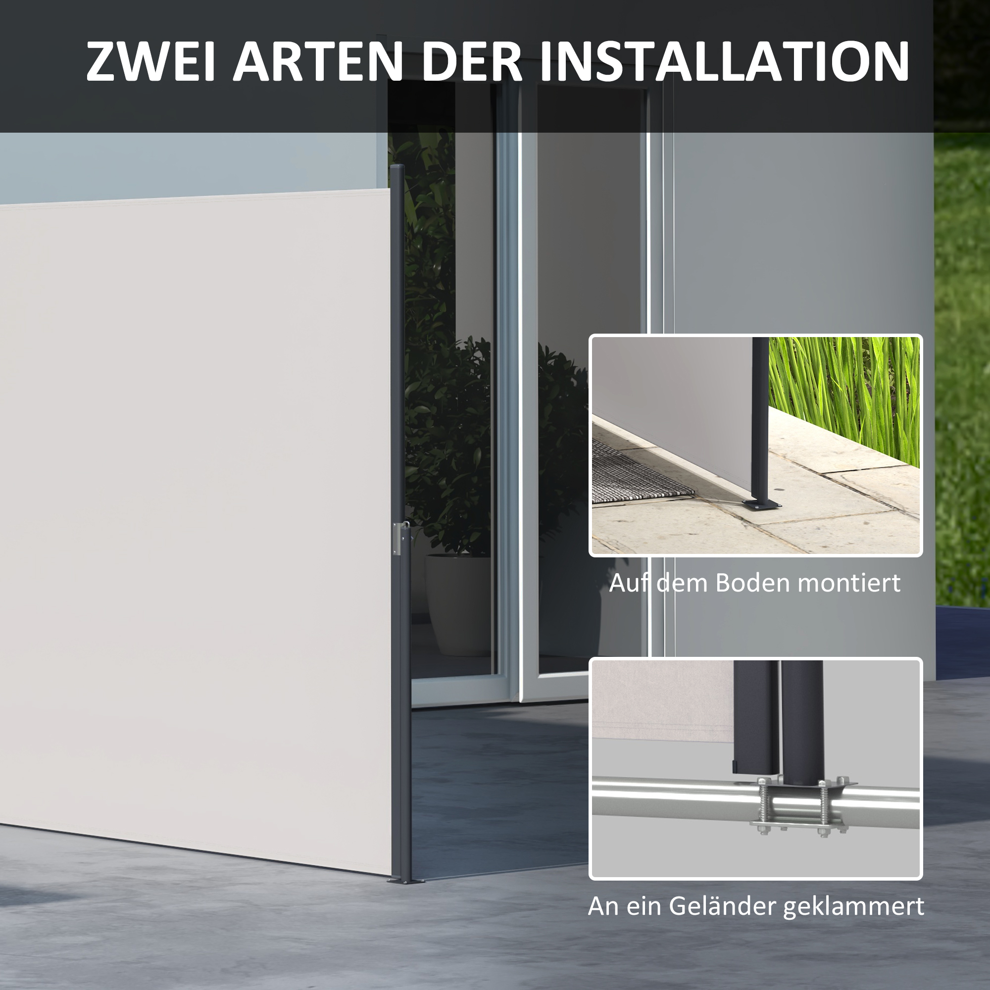 Diagramm mit zwei Installationsmethoden für eine weiße Leinwand.