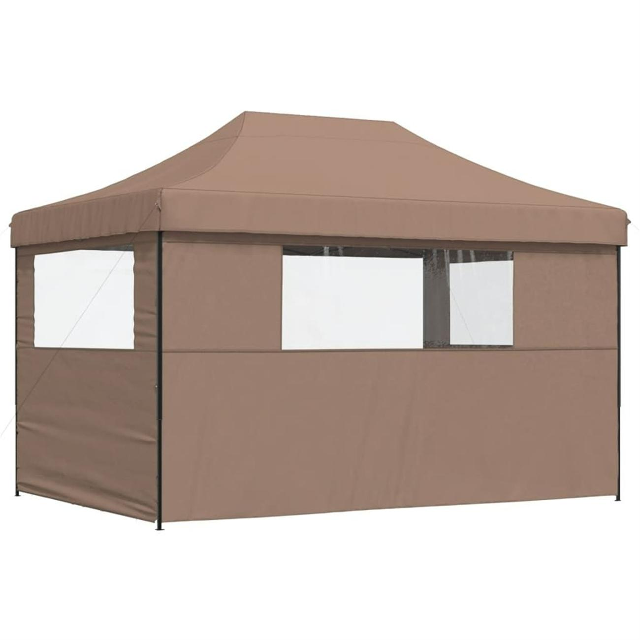 Brauner Pavillon mit transparenten Fensterpaneelen auf weißem Hintergrund.