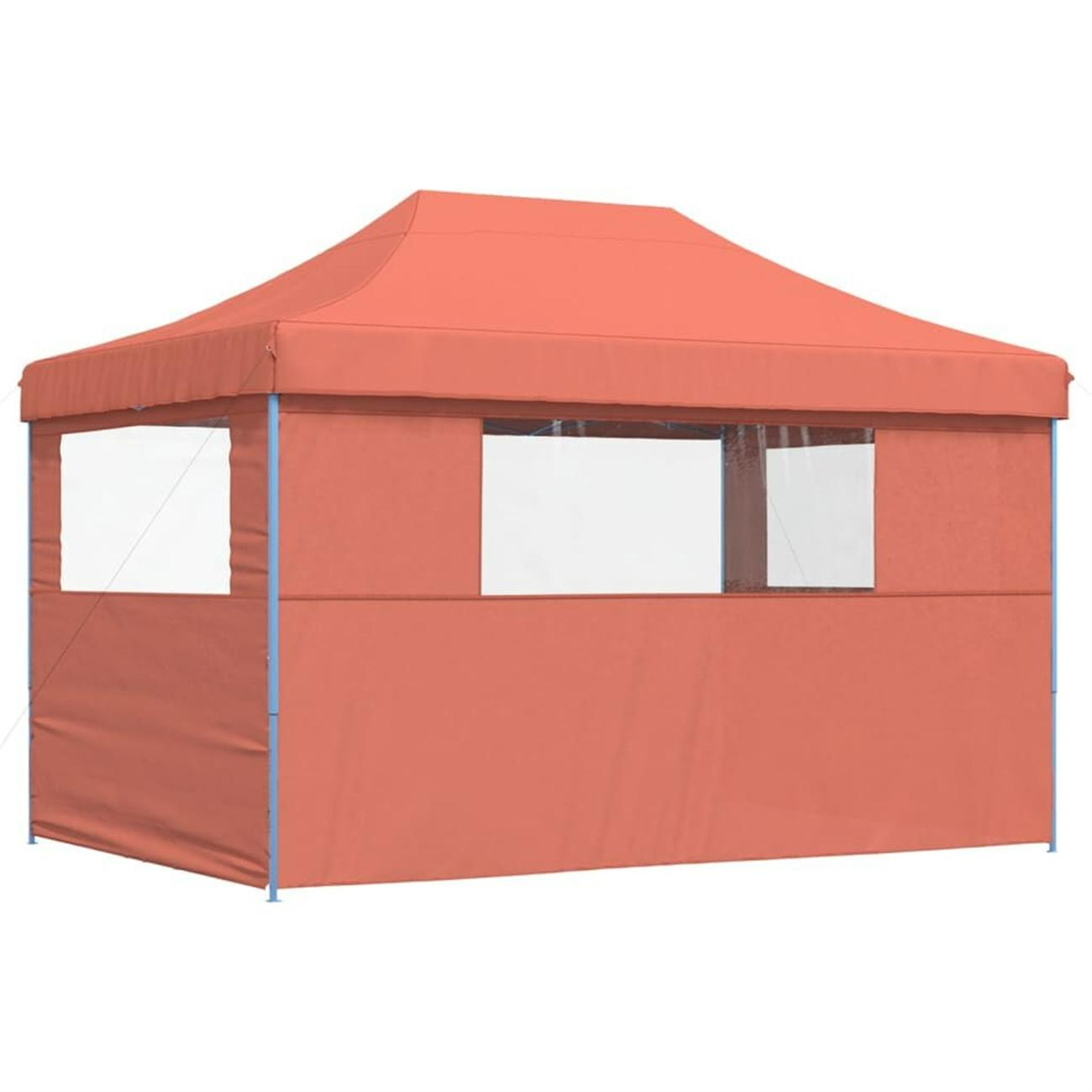 Orangenes Außenzelt mit blauem Rahmen, Fenstern, weißer Hintergrund.