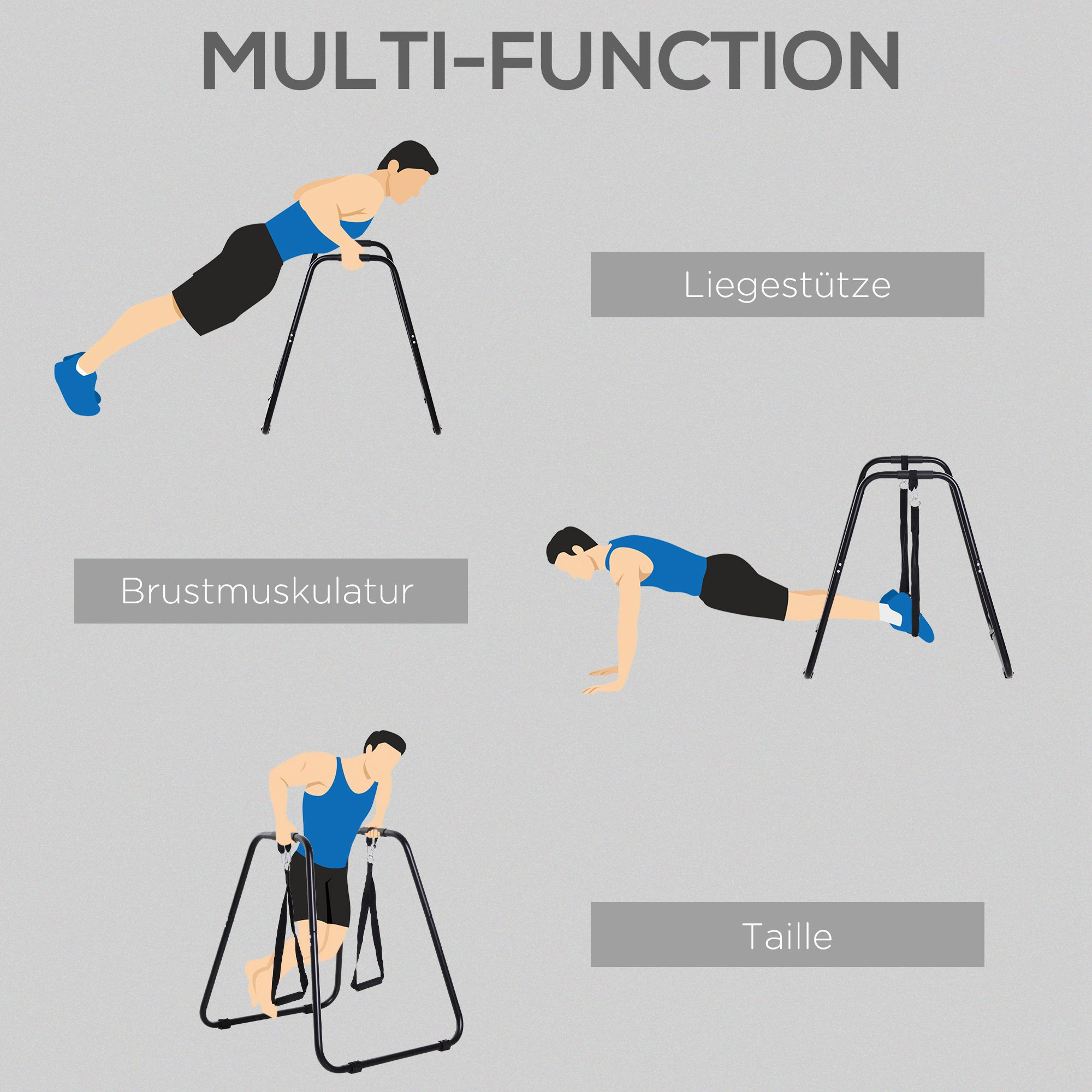 Illustrationen, die verschiedene Übungen mit Parallelbarren zeigen. Text auf Deutsch für Liegestütze, Brustmuskulatur und Taille.