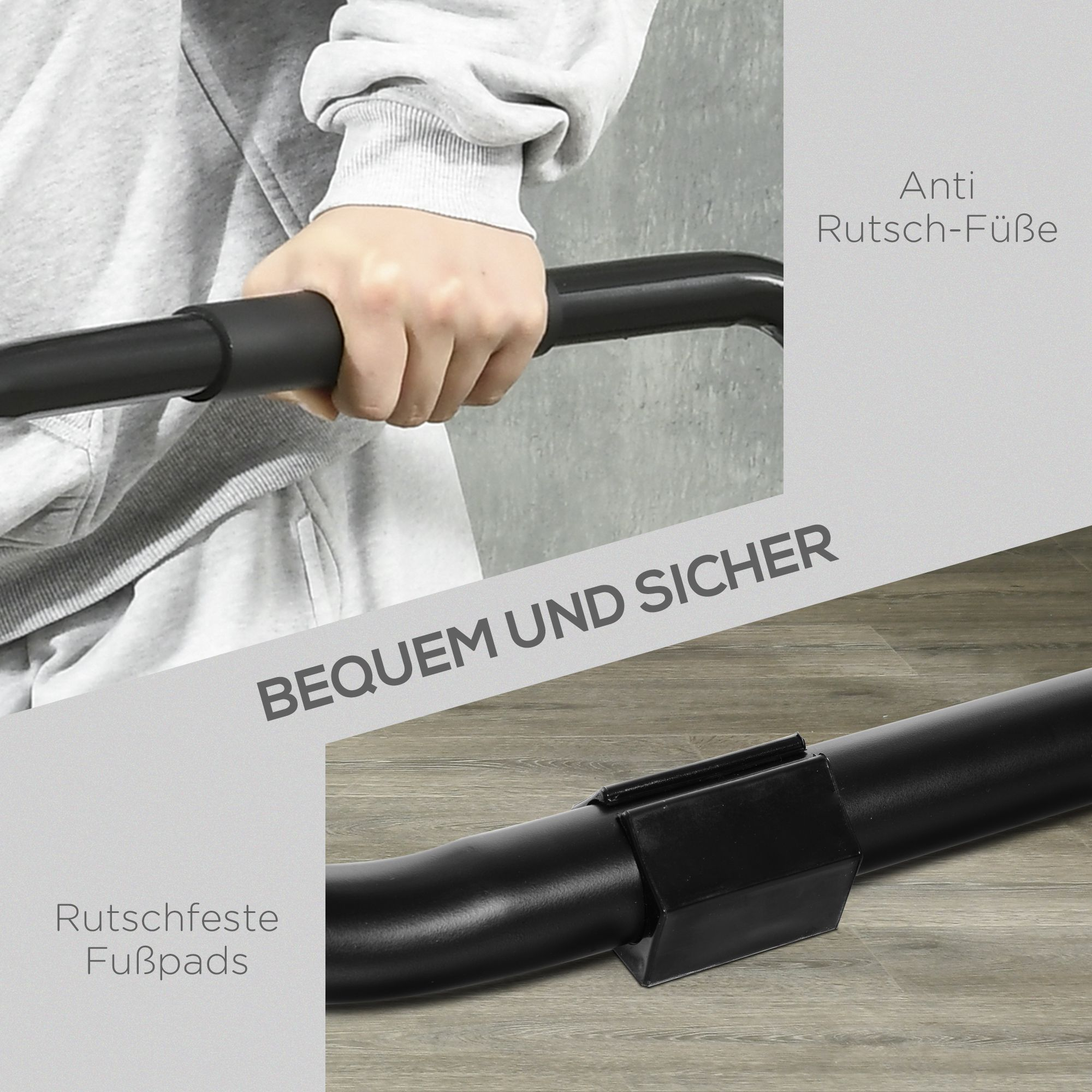 Nahaufnahme einer Person, die eine schwarze Übungsstange hält. Auf der Basis der Stange befinden sich rutschfeste Pads.